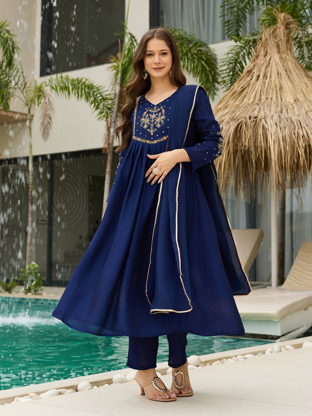 Women's Chiffon Embroidered A-Line Kurti Set with Rayon Pants & Dupatta