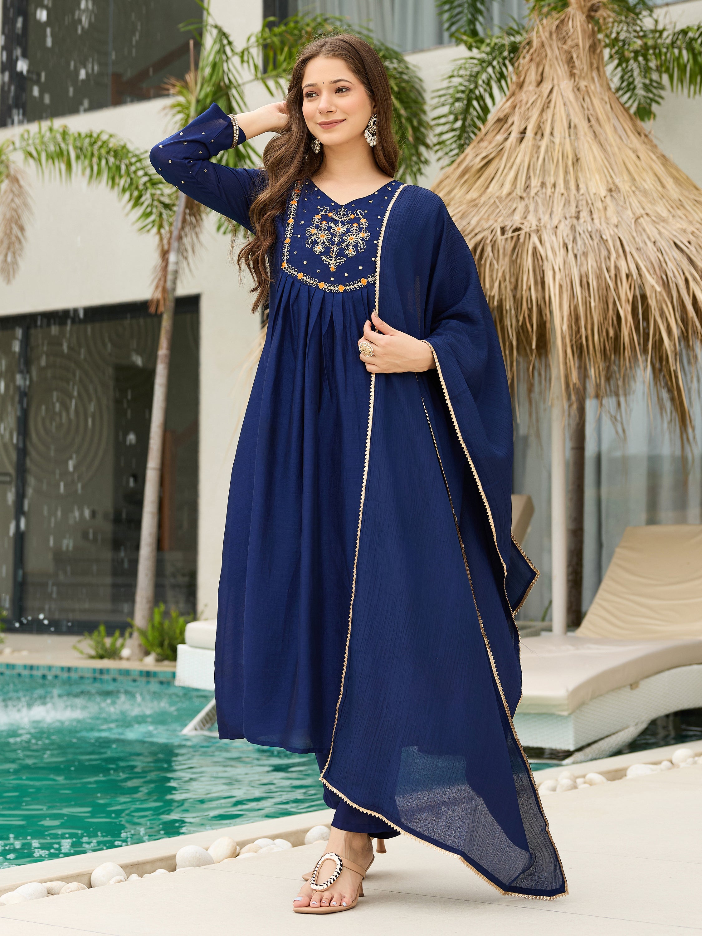 Women's Chiffon Embroidered A-Line Kurti Set with Rayon Pants & Dupatta