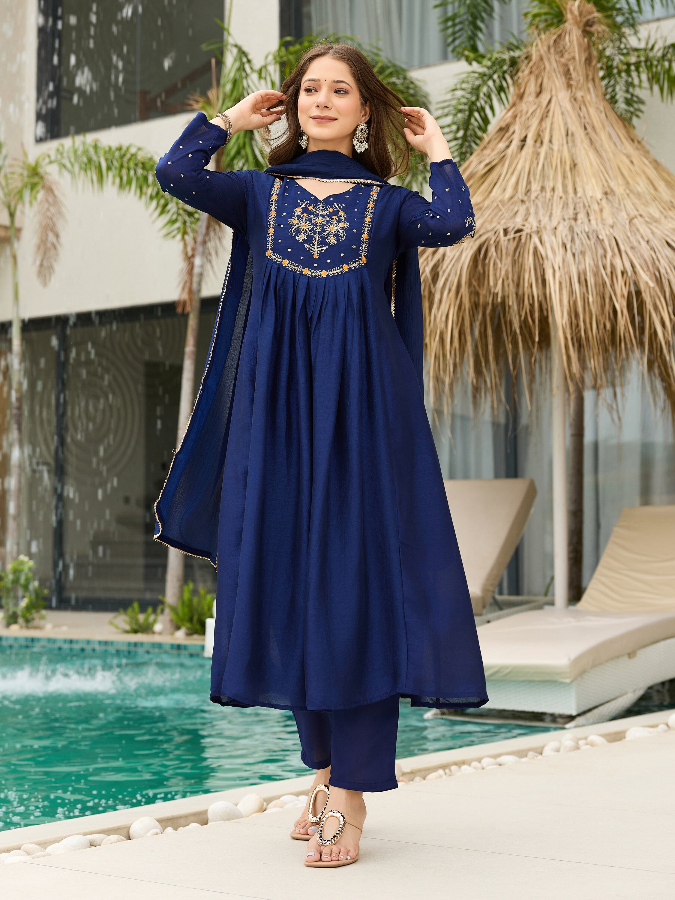 Women's Chiffon Embroidered A-Line Kurti Set with Rayon Pants & Dupatta