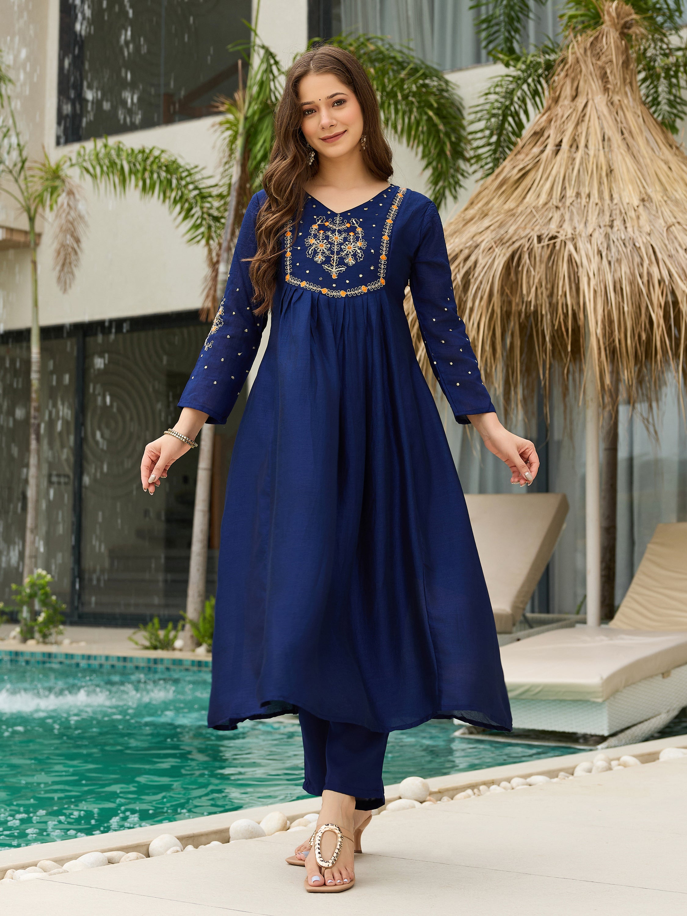 Women's Chiffon Embroidered A-Line Kurti Set with Rayon Pants & Dupatta