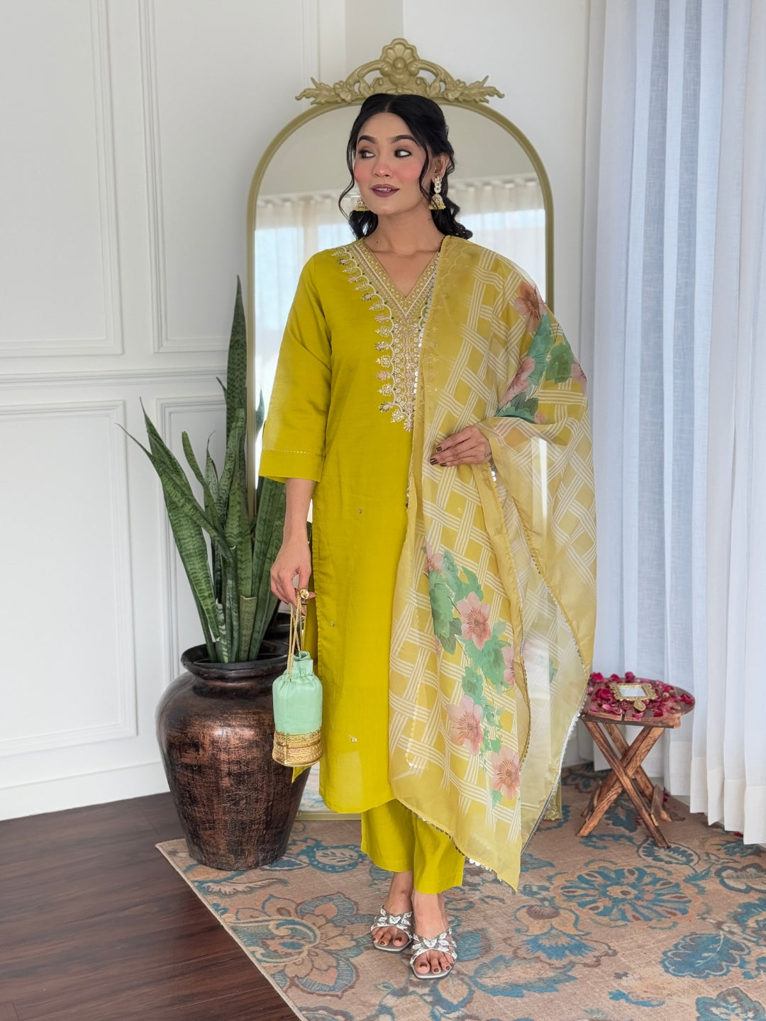 Women's Yellow Viscose Embroidered Straight Kurta with Viscose Pant And Taby Printed Dupatta Sets