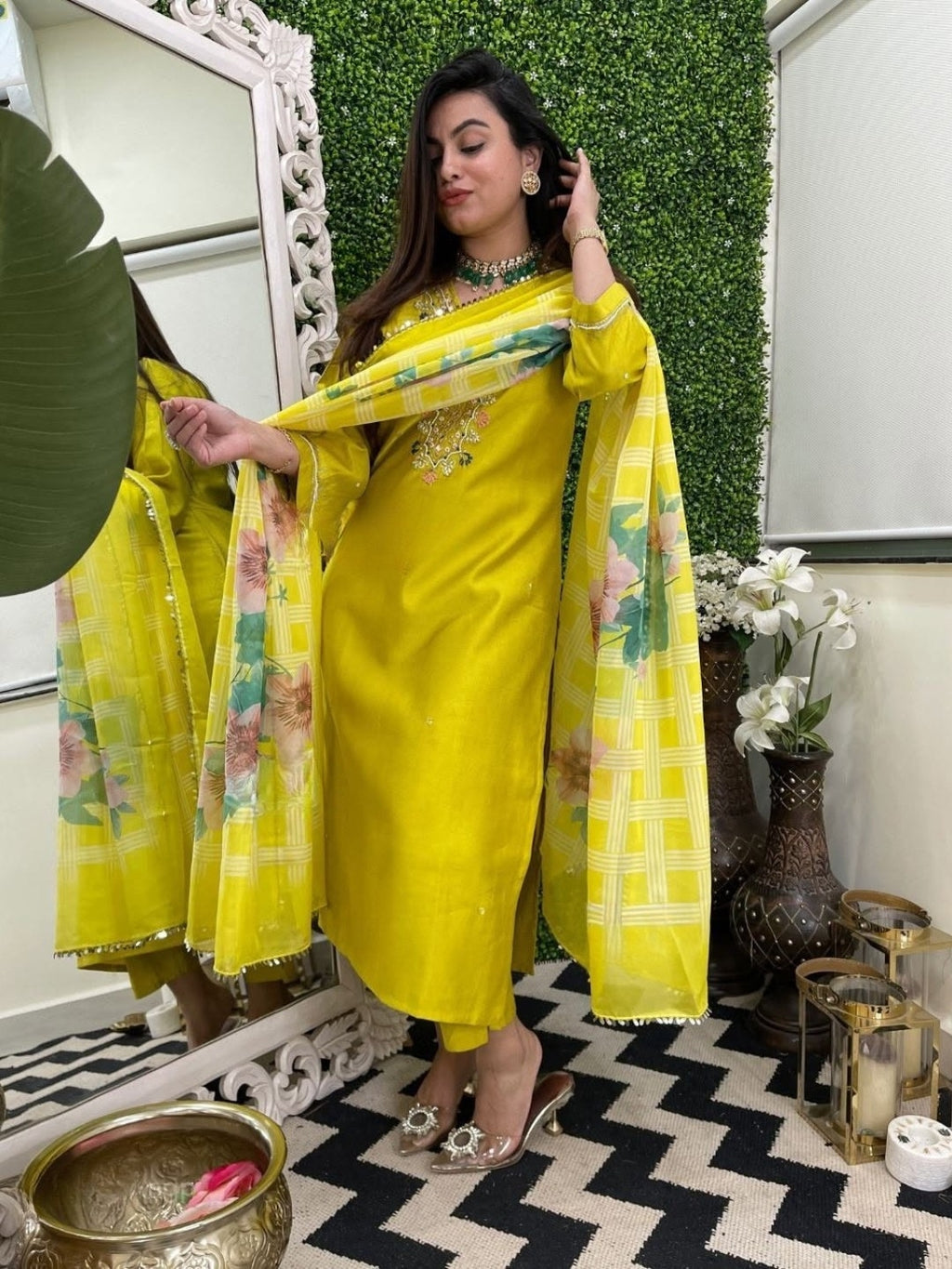 Women's Yellow Viscose Embroidered Straight Kurta with Viscose Pant And Taby Printed Dupatta Sets