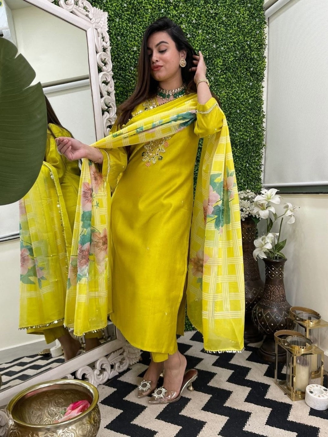 Women's Yellow Viscose Embroidered Straight Kurta with Viscose Pant And Taby Printed Dupatta Sets