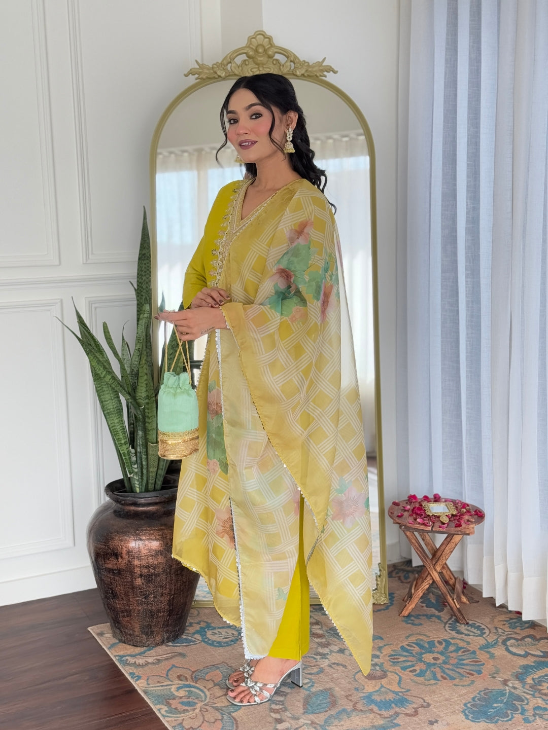 Women's Yellow Viscose Embroidered Straight Kurta with Viscose Pant And Taby Printed Dupatta Sets