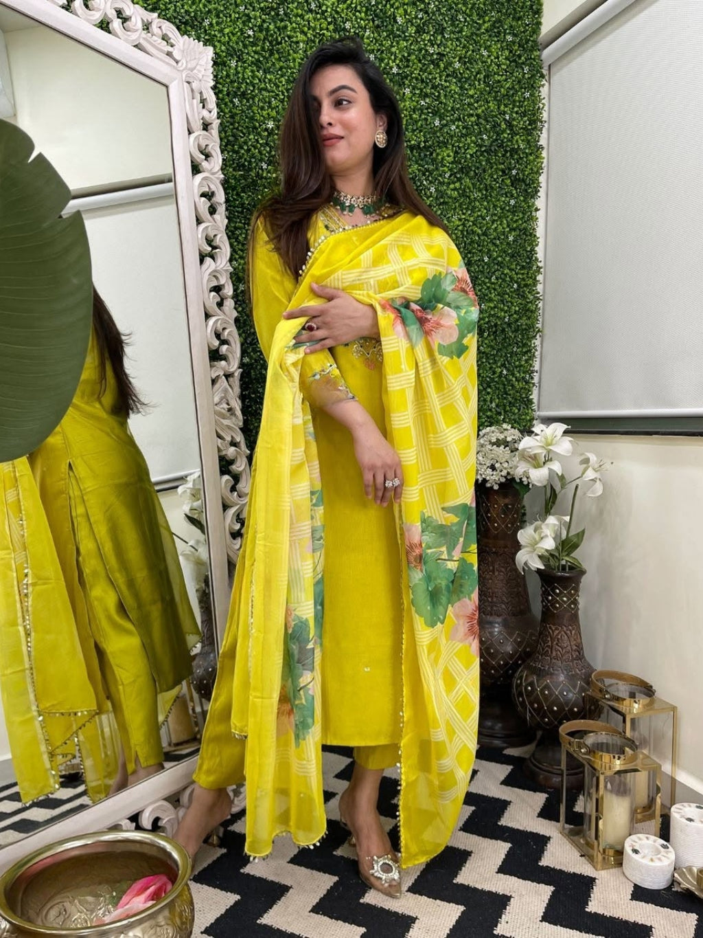 Women's Yellow Viscose Embroidered Straight Kurta with Viscose Pant And Taby Printed Dupatta Sets