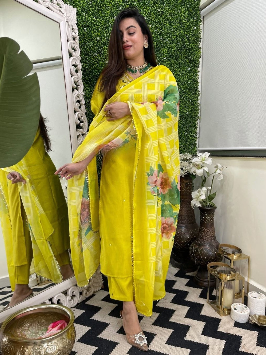 Women's Yellow Viscose Embroidered Straight Kurta with Viscose Pant And Taby Printed Dupatta Sets