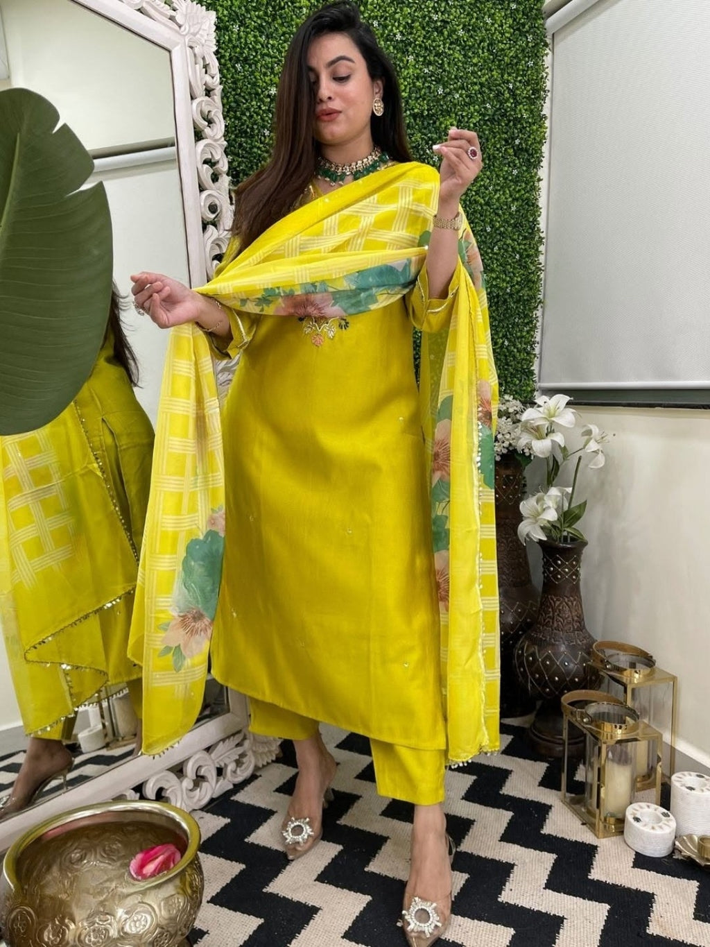 Women's Yellow Viscose Embroidered Straight Kurta with Viscose Pant And Taby Printed Dupatta Sets