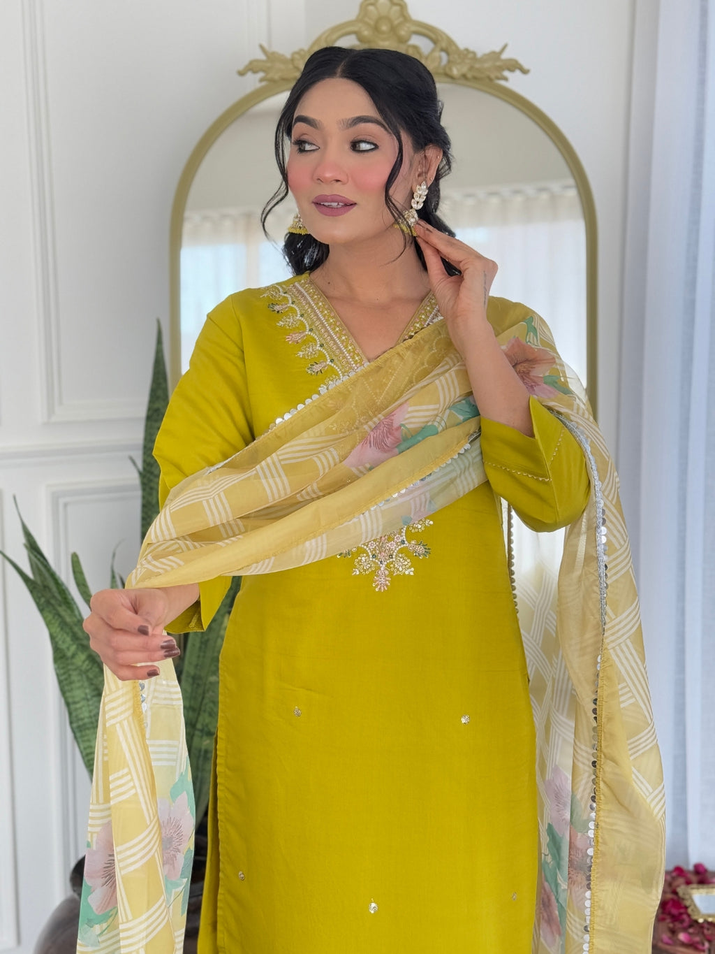 Women's Yellow Viscose Embroidered Straight Kurta with Viscose Pant And Taby Printed Dupatta Sets