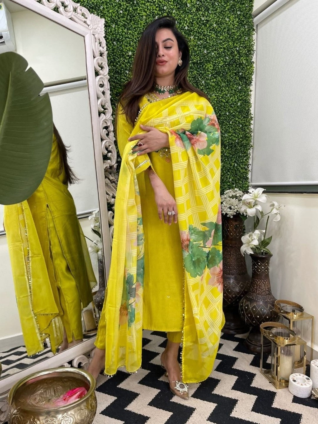 Women's Yellow Viscose Embroidered Straight Kurta with Viscose Pant And Taby Printed Dupatta Sets