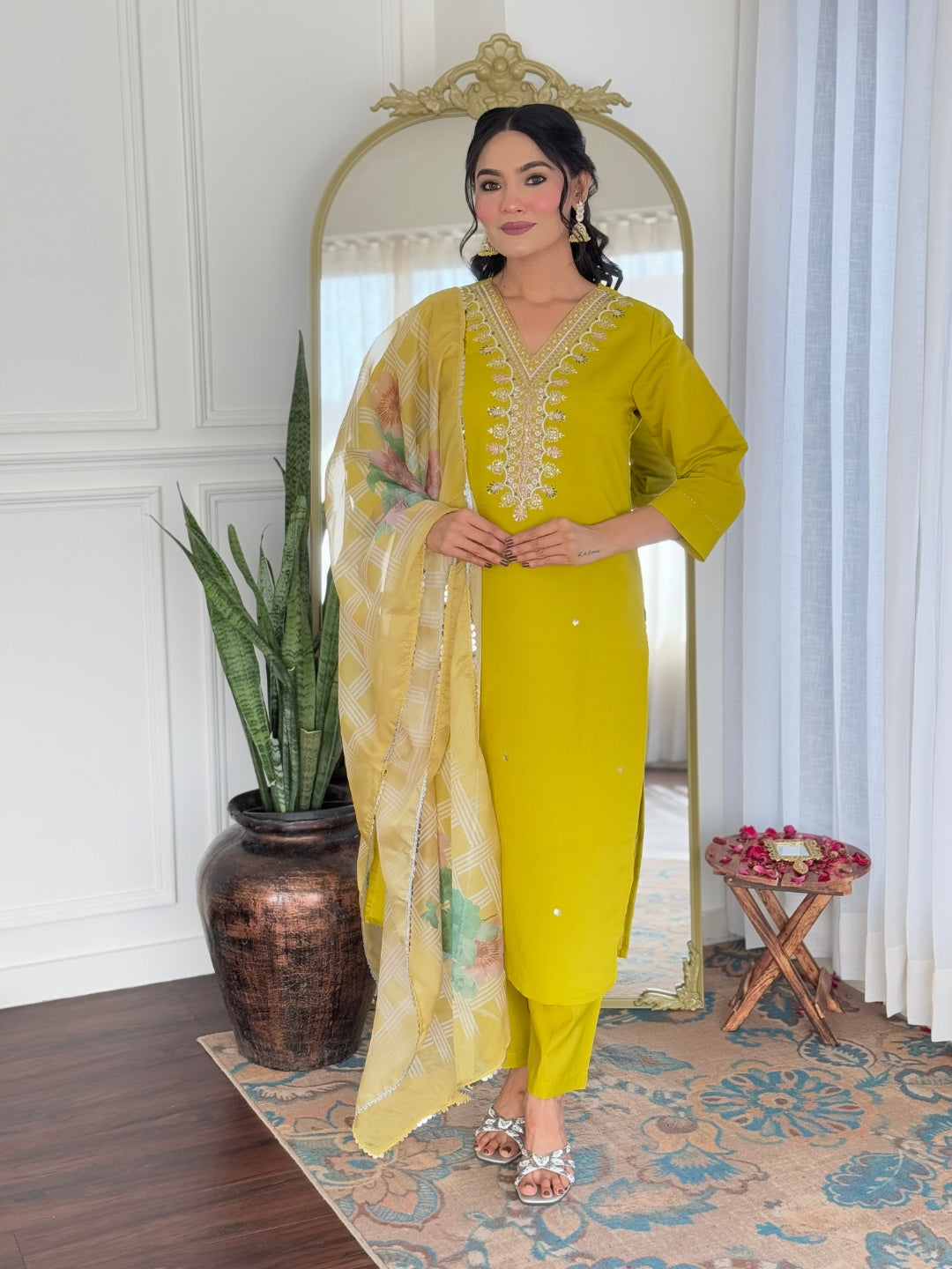 Women's Yellow Viscose Embroidered Straight Kurta with Viscose Pant And Taby Printed Dupatta Sets