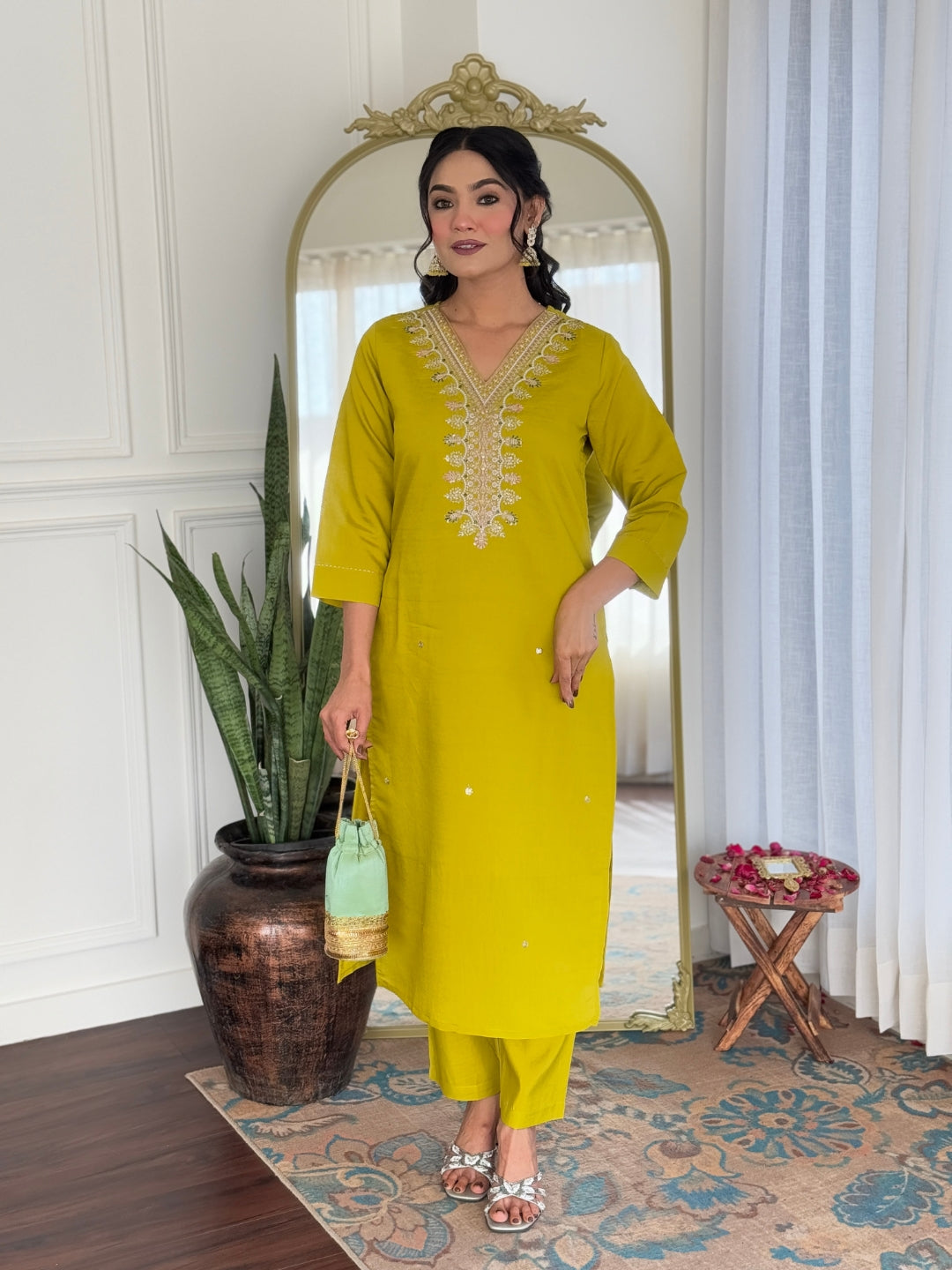 Women's Yellow Viscose Embroidered Straight Kurta with Viscose Pant And Taby Printed Dupatta Sets