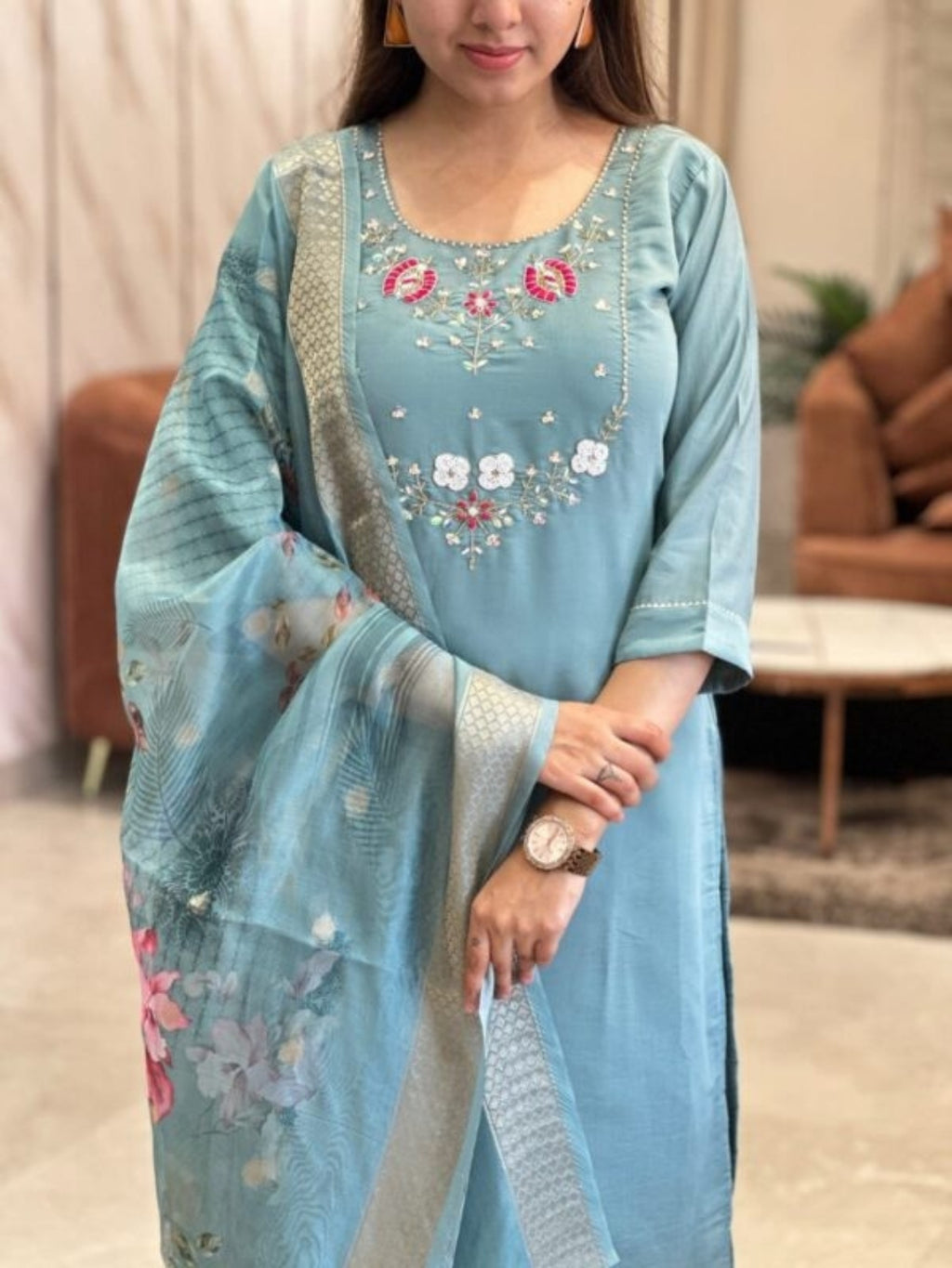 Women's Viscose Embroidered Straight Kurta with Viscose Pant And Jacquard Printed Dupatta Sets