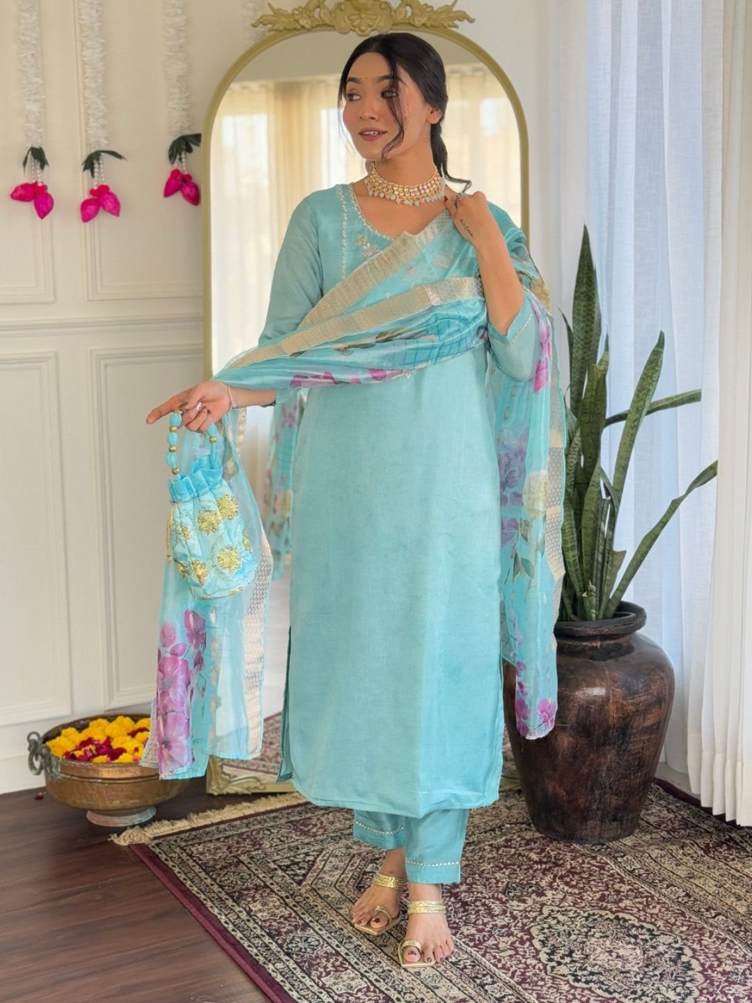 Women's Viscose Embroidered Straight Kurta with Viscose Pant And Jacquard Printed Dupatta Sets