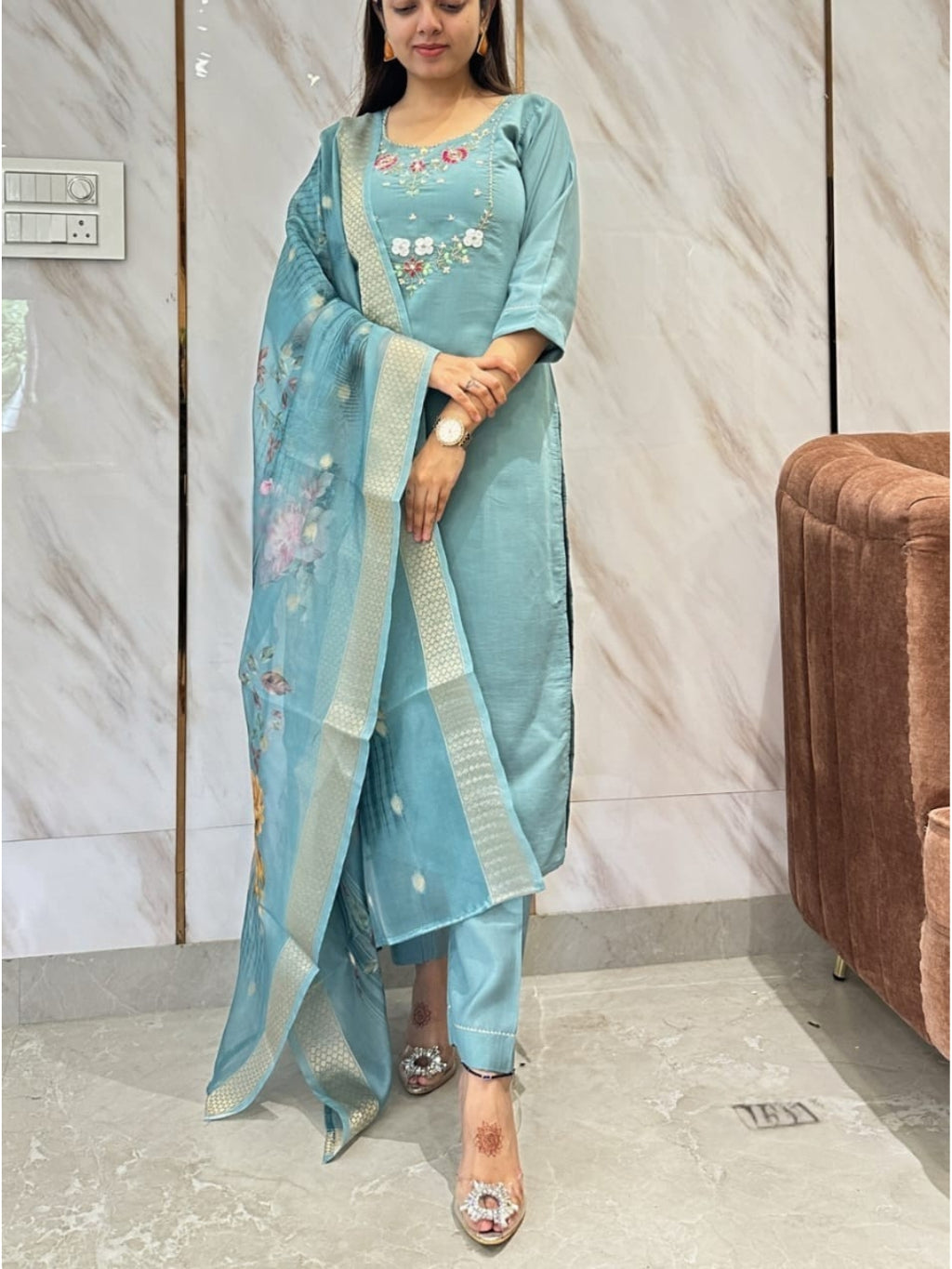 Women's Viscose Embroidered Straight Kurta with Viscose Pant And Jacquard Printed Dupatta Sets