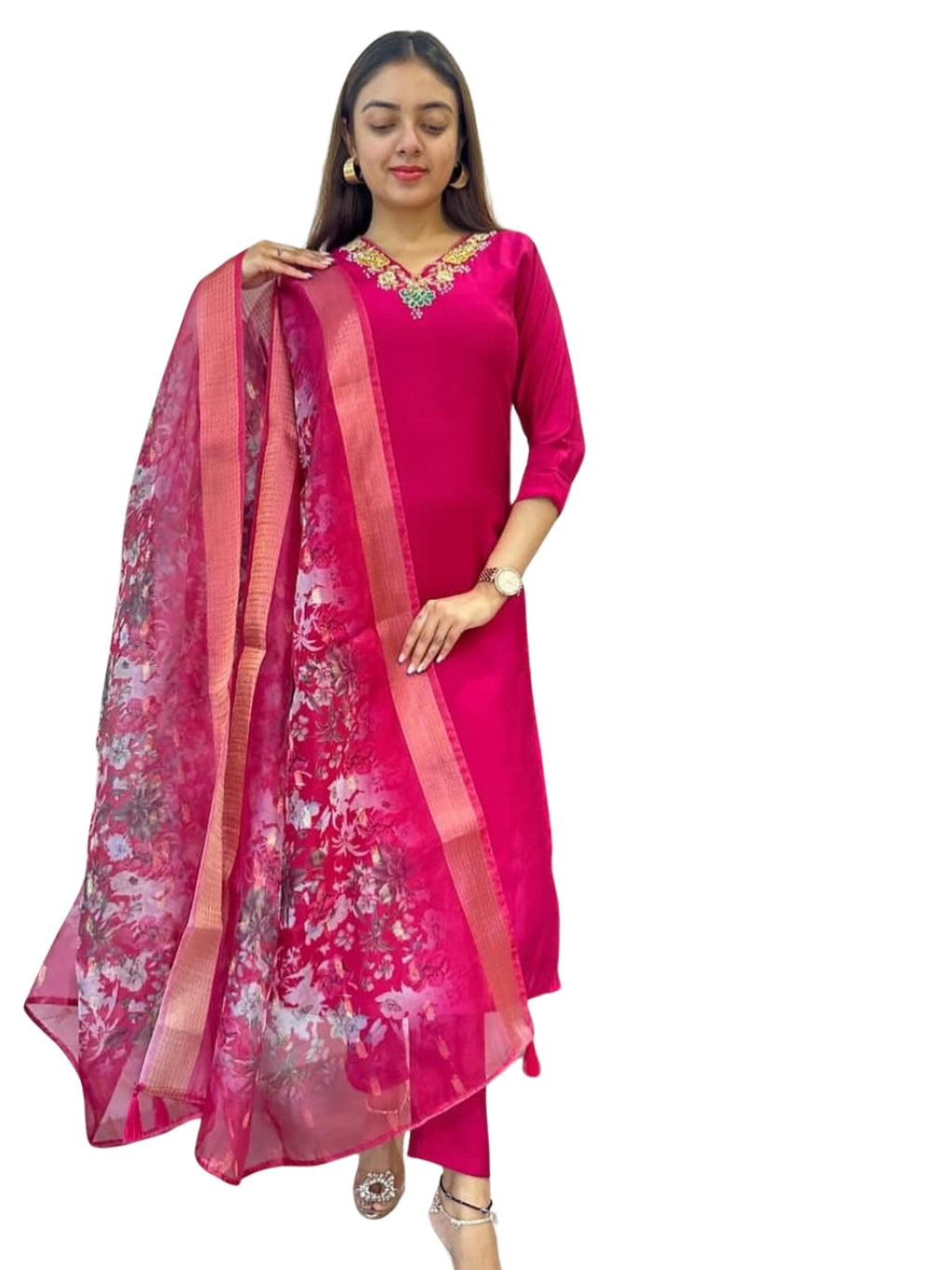 Women's Rani Viscose Embroidered Straight Kurta with Viscose Pant And Jacquard Printed Dupatta Sets