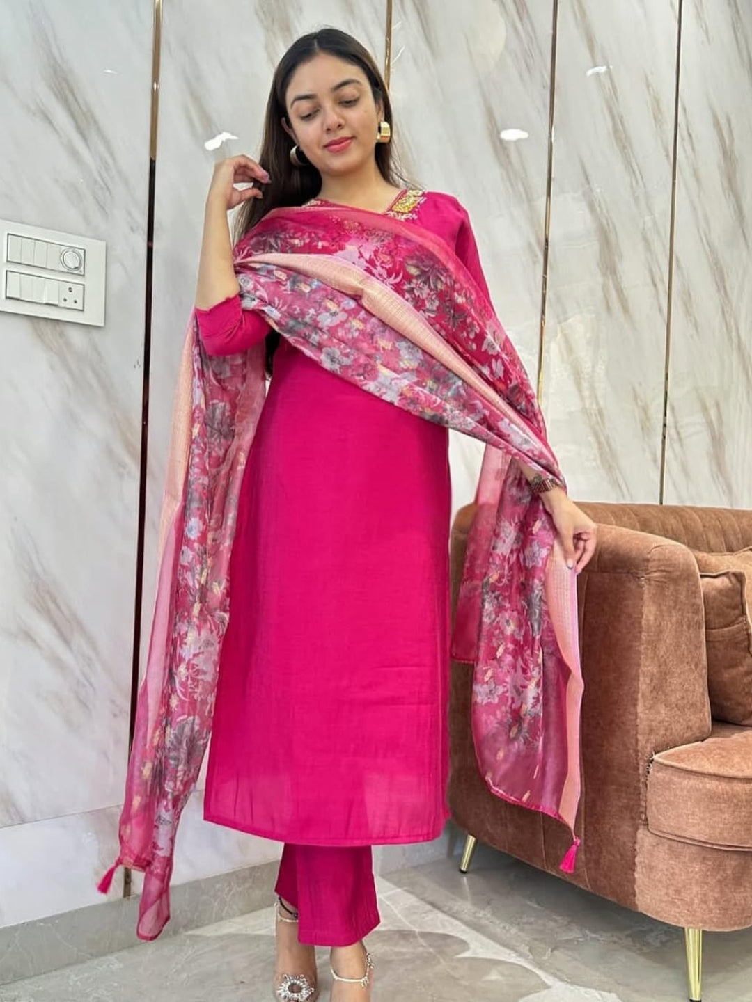 Women's Rani Viscose Embroidered Straight Kurta with Viscose Pant And Jacquard Printed Dupatta Sets