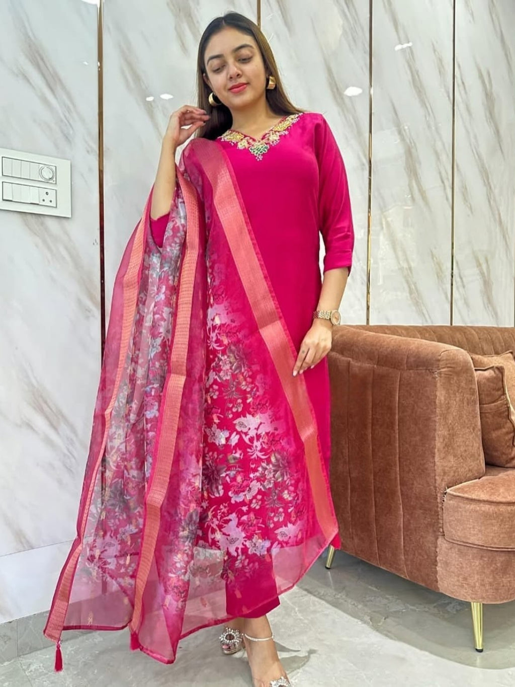 Women's Rani Viscose Embroidered Straight Kurta with Viscose Pant And Jacquard Printed Dupatta Sets