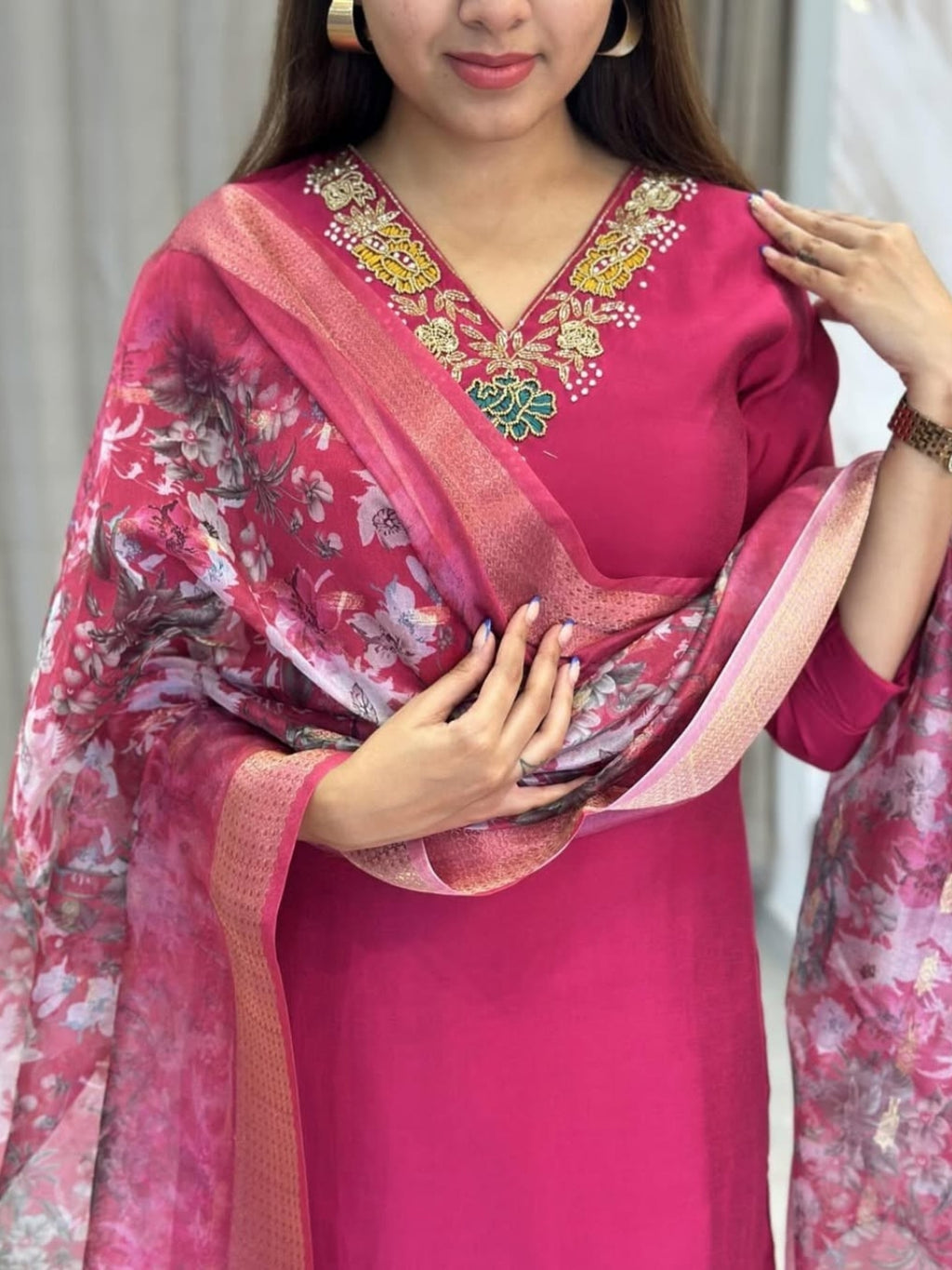 Women's Rani Viscose Embroidered Straight Kurta with Viscose Pant And Jacquard Printed Dupatta Sets