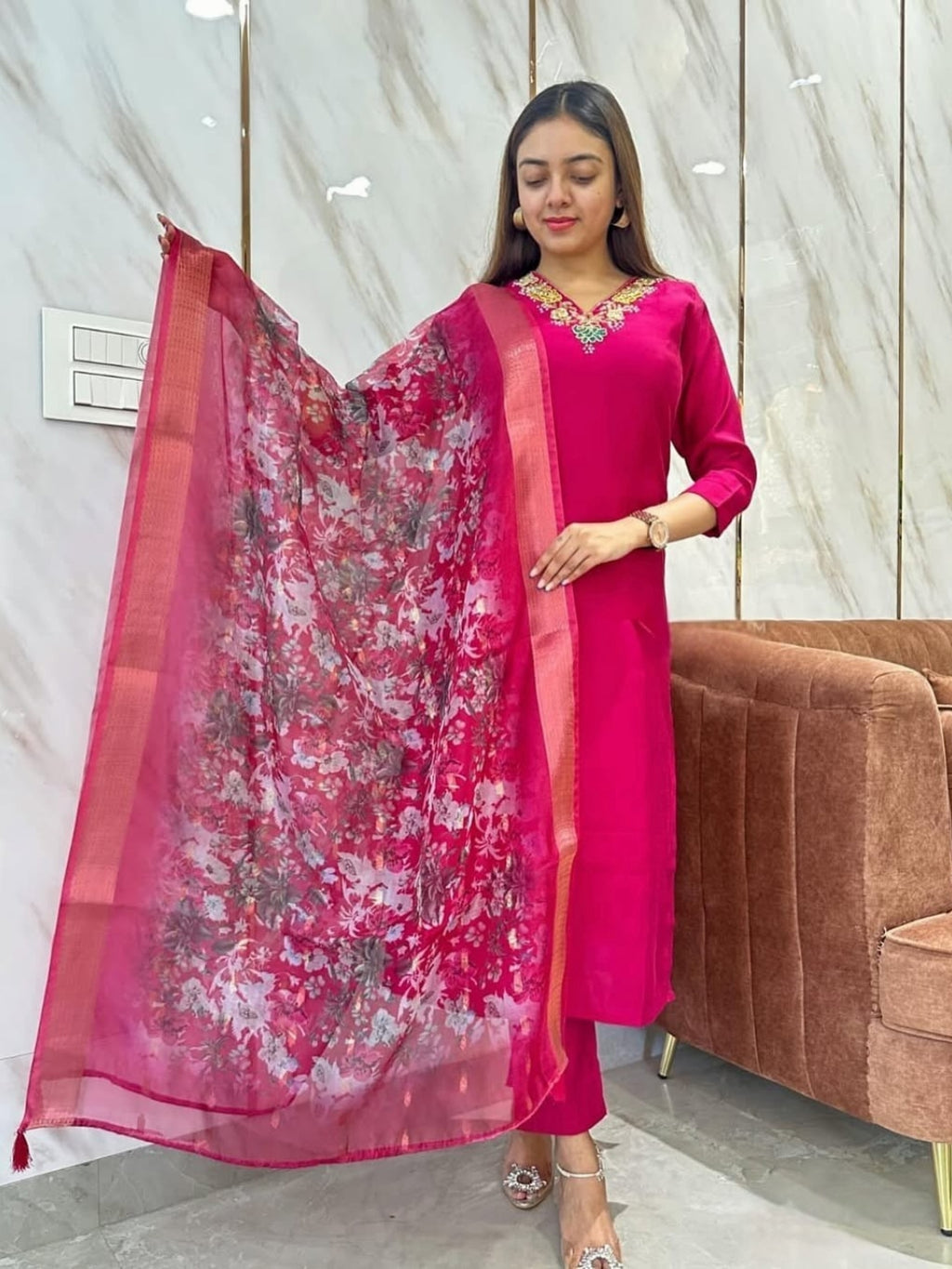 Women's Rani Viscose Embroidered Straight Kurta with Viscose Pant And Jacquard Printed Dupatta Sets