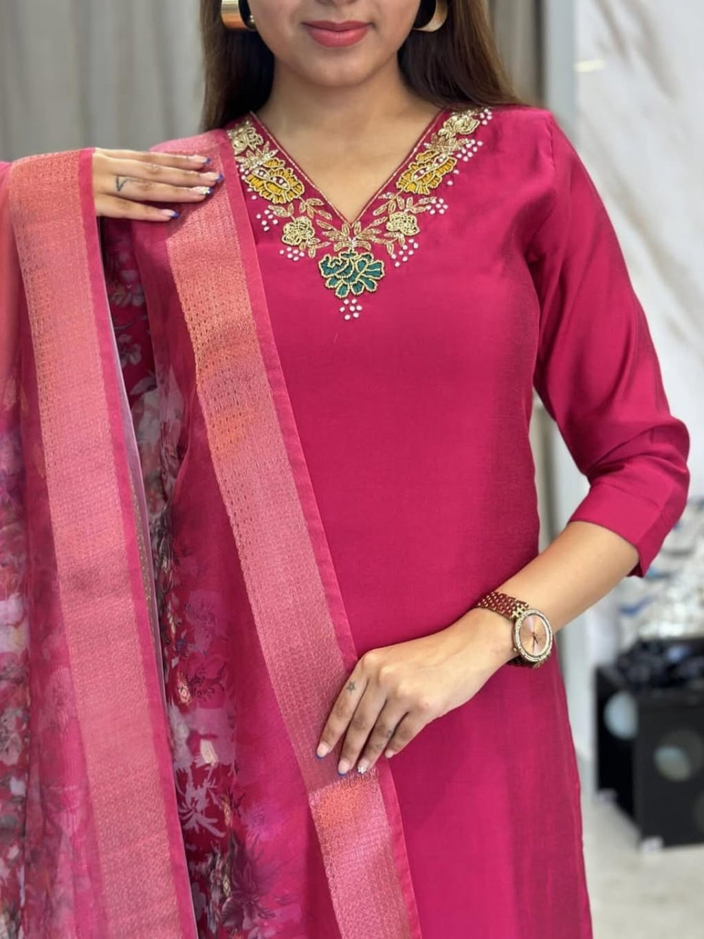 Women's Rani Viscose Embroidered Straight Kurta with Viscose Pant And Jacquard Printed Dupatta Sets