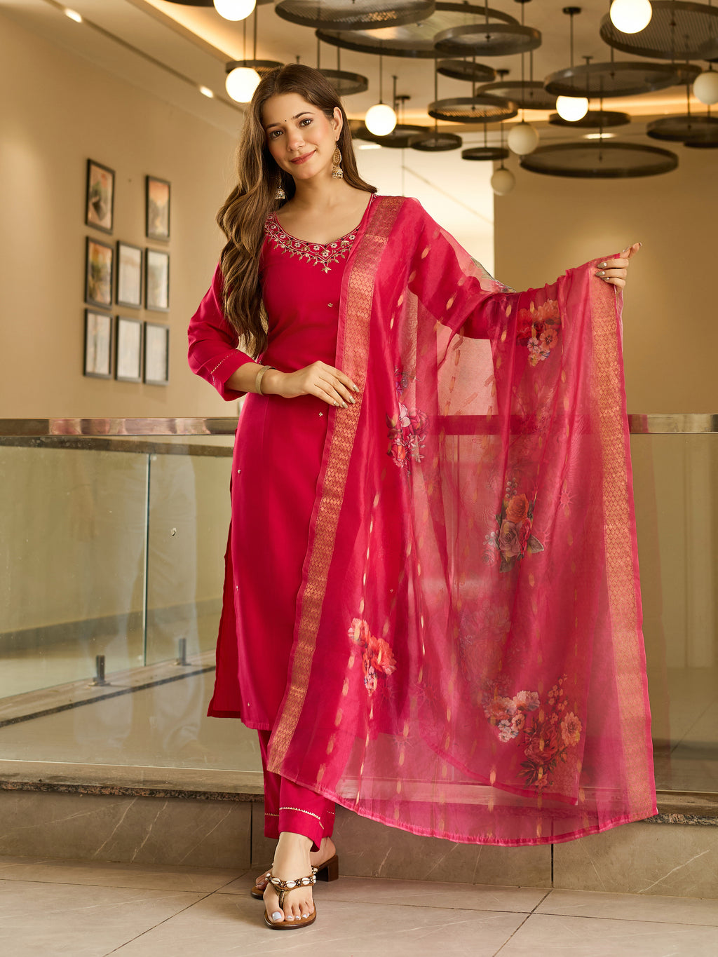 Viscose Embroidered Straight Kurta Pant With Dupatta Set