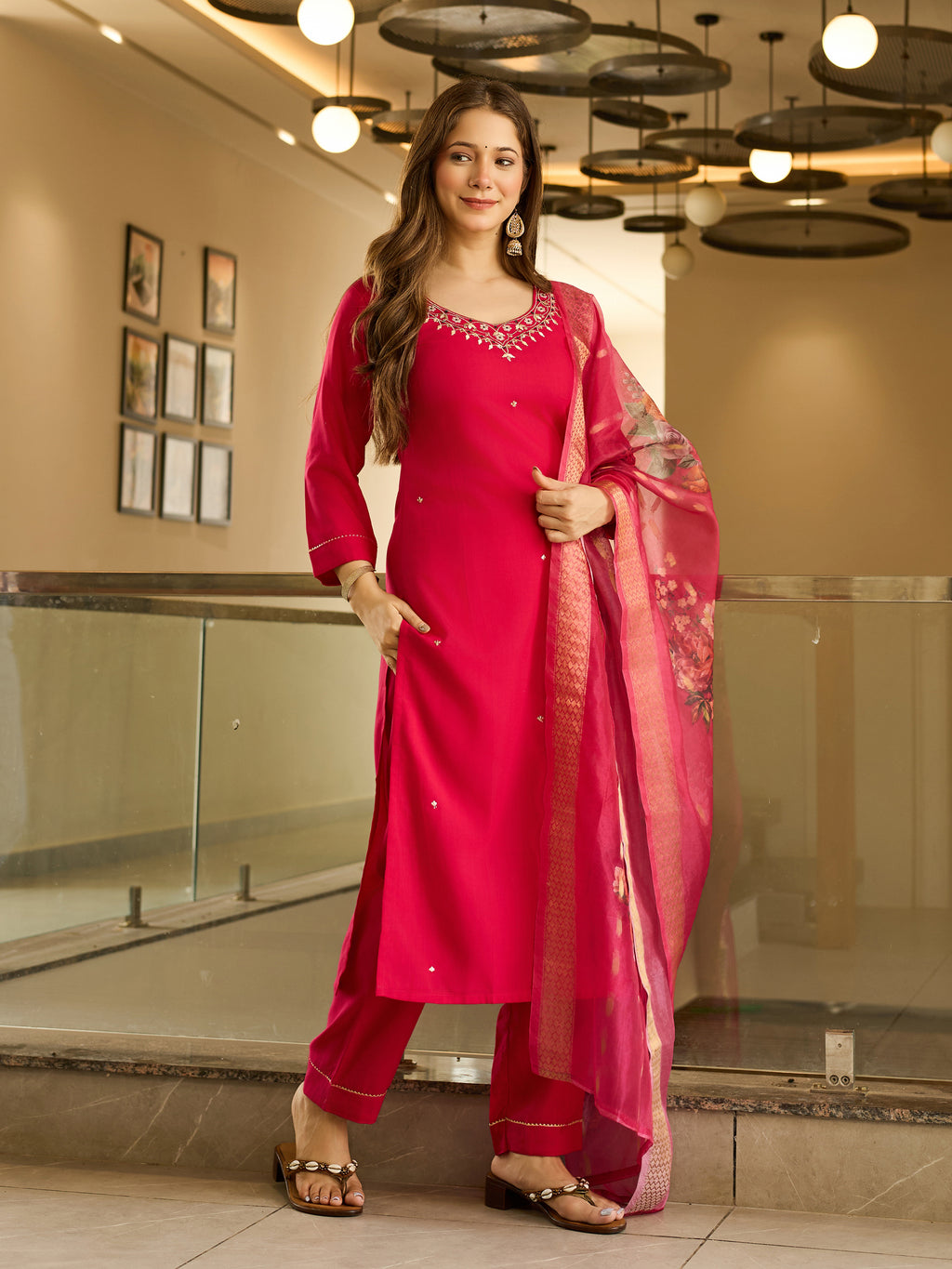 Viscose Embroidered Straight Kurta Pant With Dupatta Set
