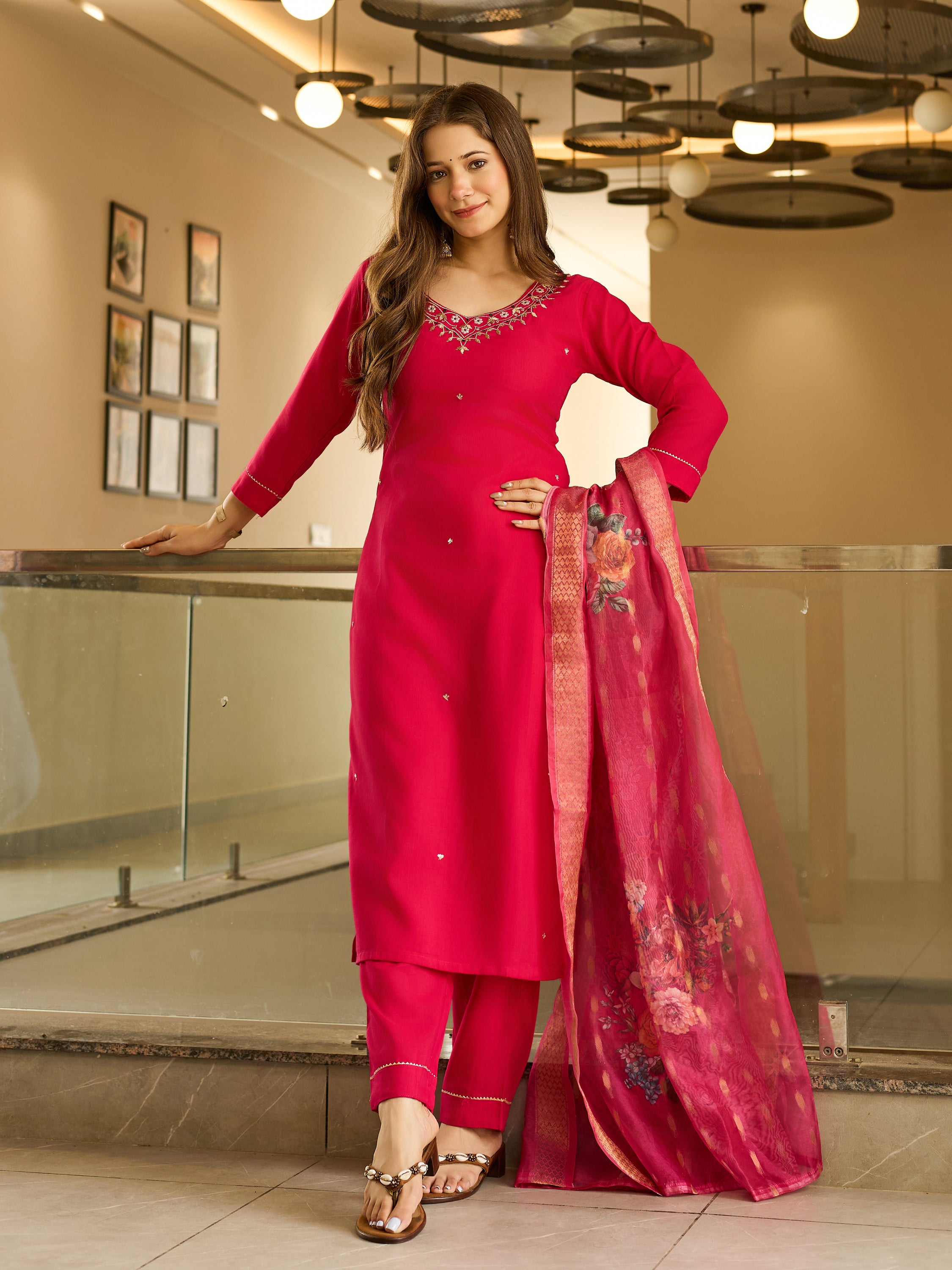 Viscose Embroidered Straight Kurta Pant With Dupatta Set