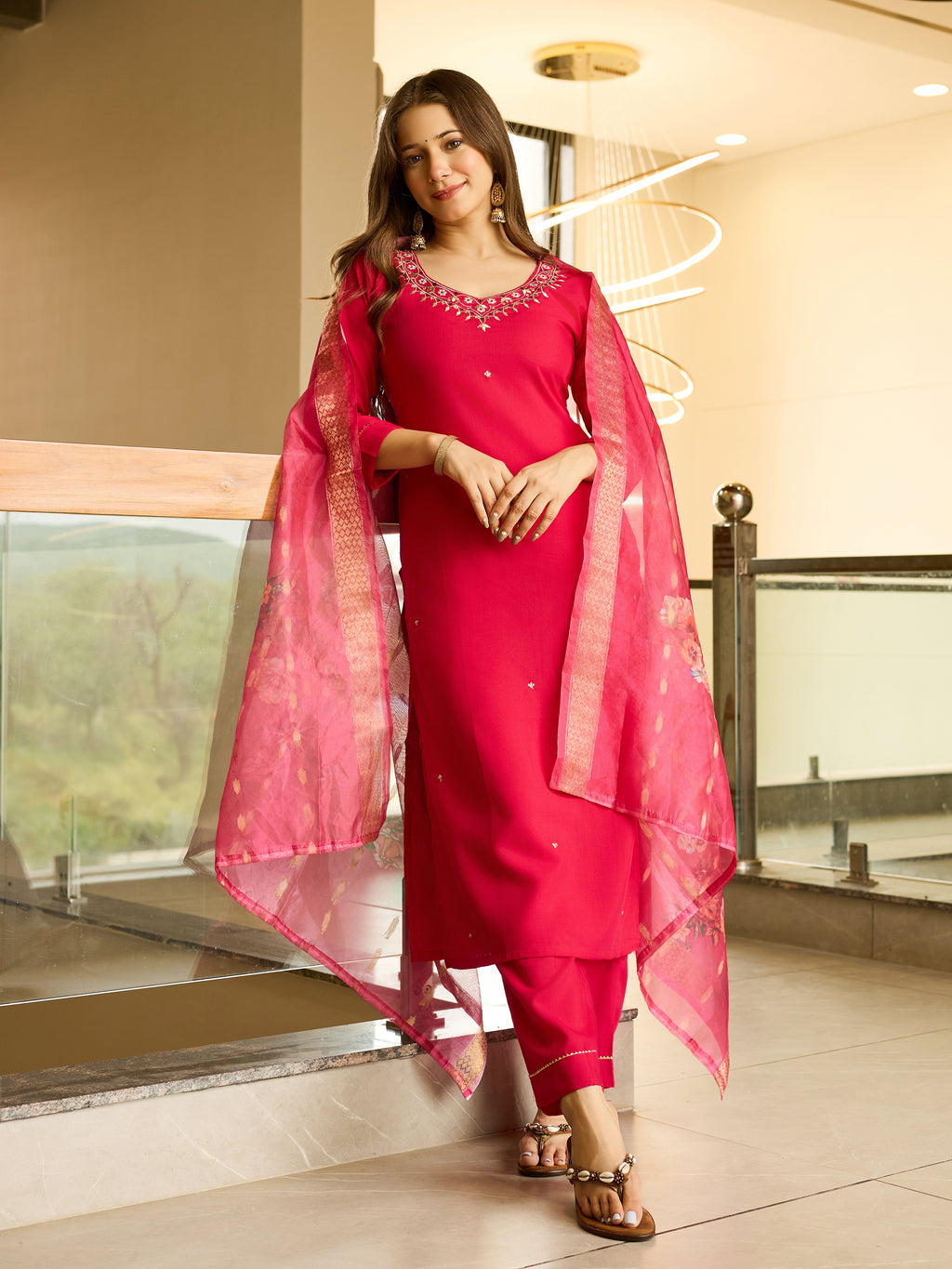 Viscose Embroidered Straight Kurta Pant With Dupatta Set