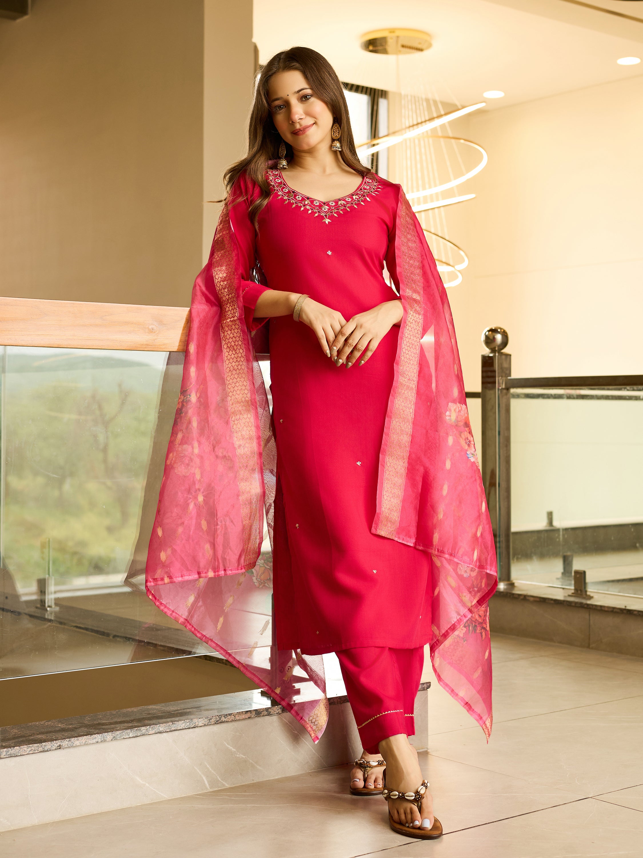 Viscose Embroidered Straight Kurta Pant With Dupatta Set