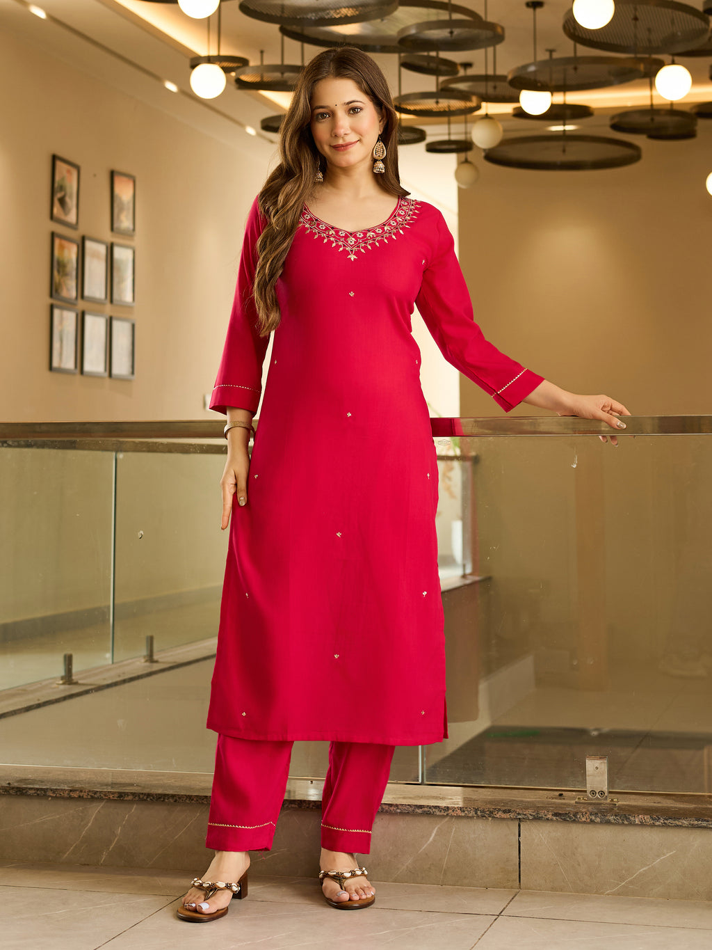 Viscose Embroidered Straight Kurta Pant With Dupatta Set