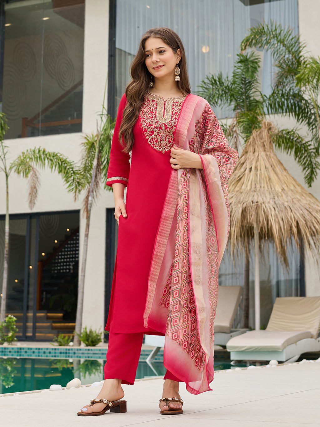 Women's Rayon Slub Embroidered Straight Kurta with Pant And Dupatta Sets