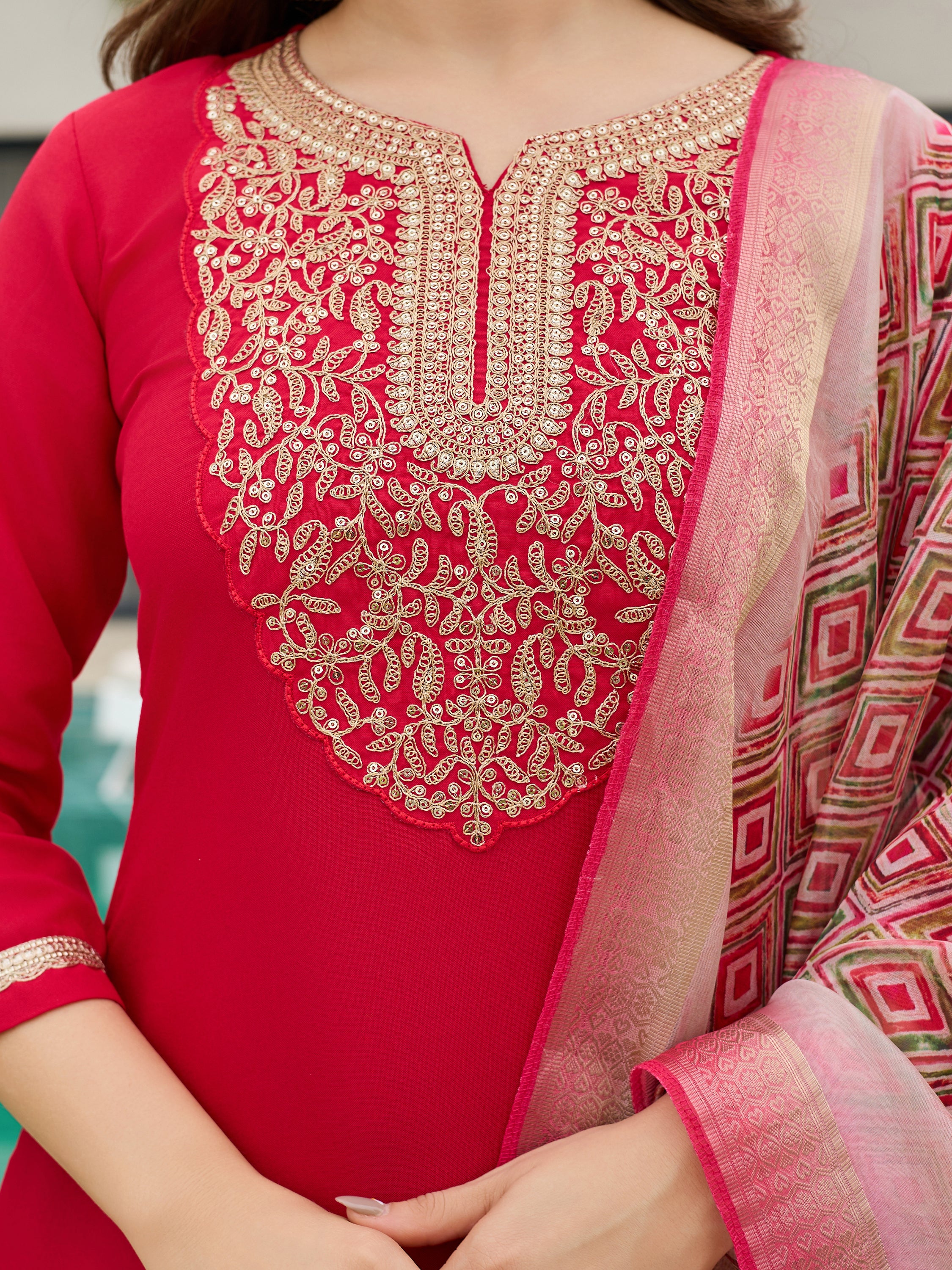 Women's Rayon Slub Embroidered Straight Kurta with Pant And Dupatta Sets