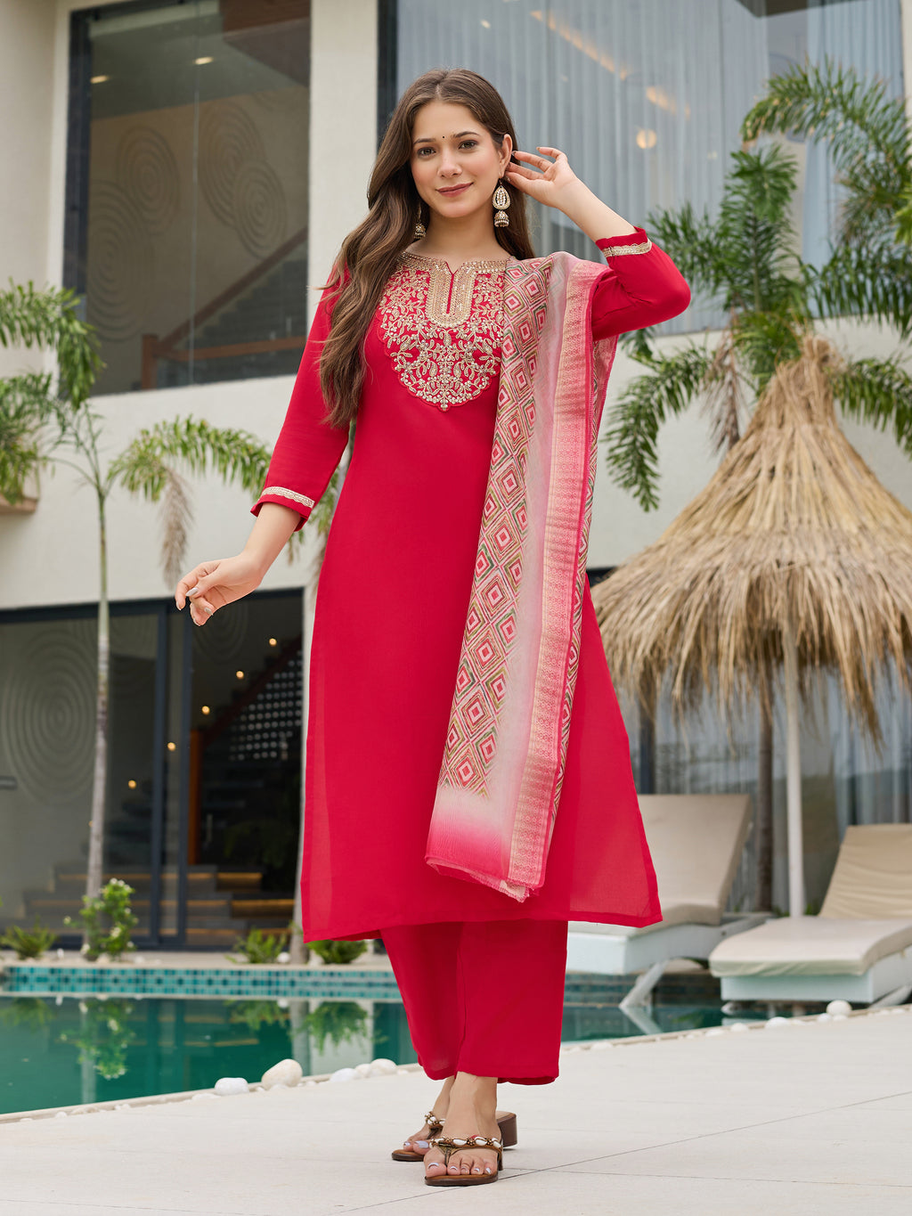 Women's Rayon Slub Embroidered Straight Kurta with Pant And Dupatta Sets