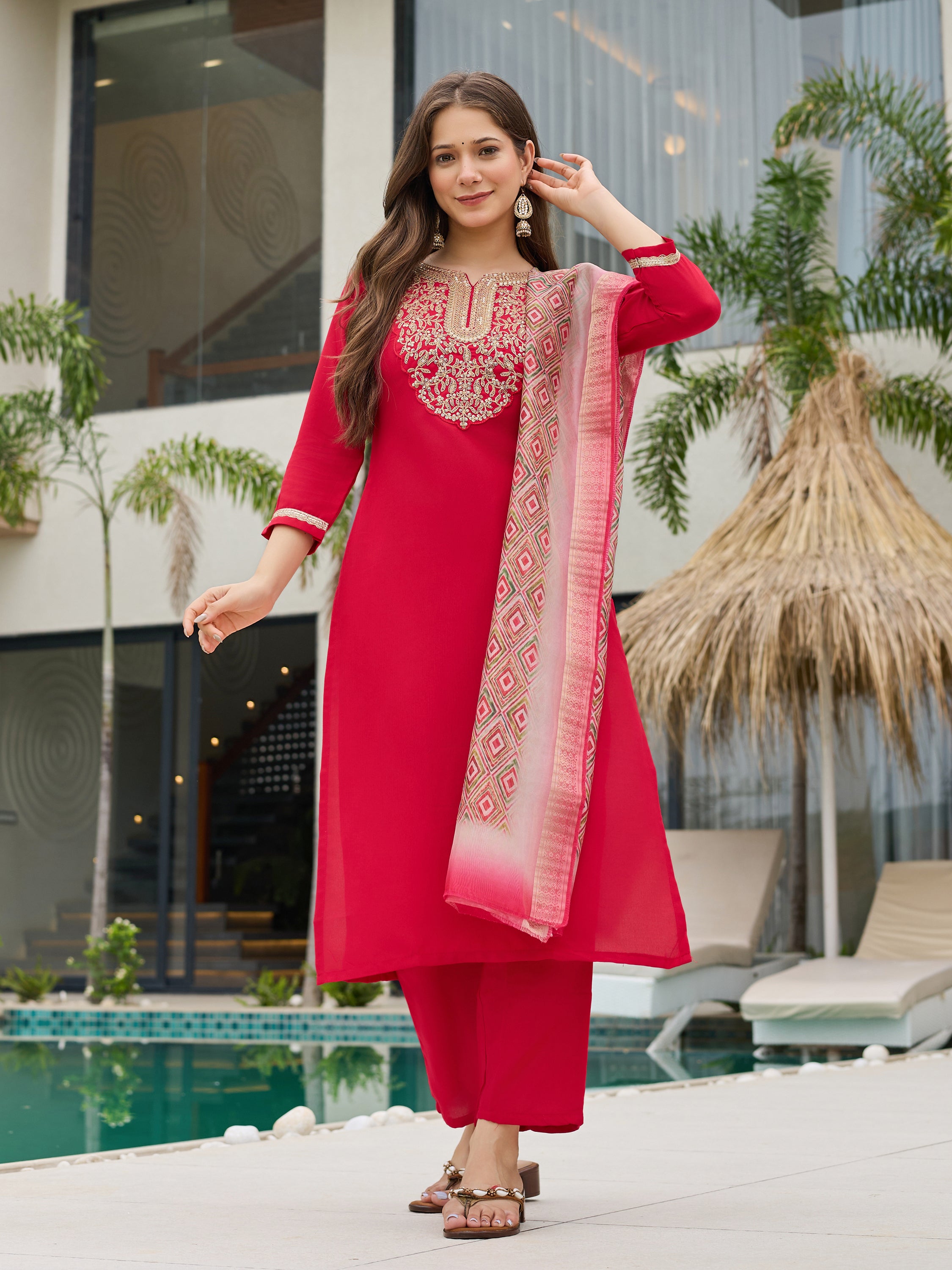 Women's Rayon Slub Embroidered Straight Kurta with Pant And Dupatta Sets