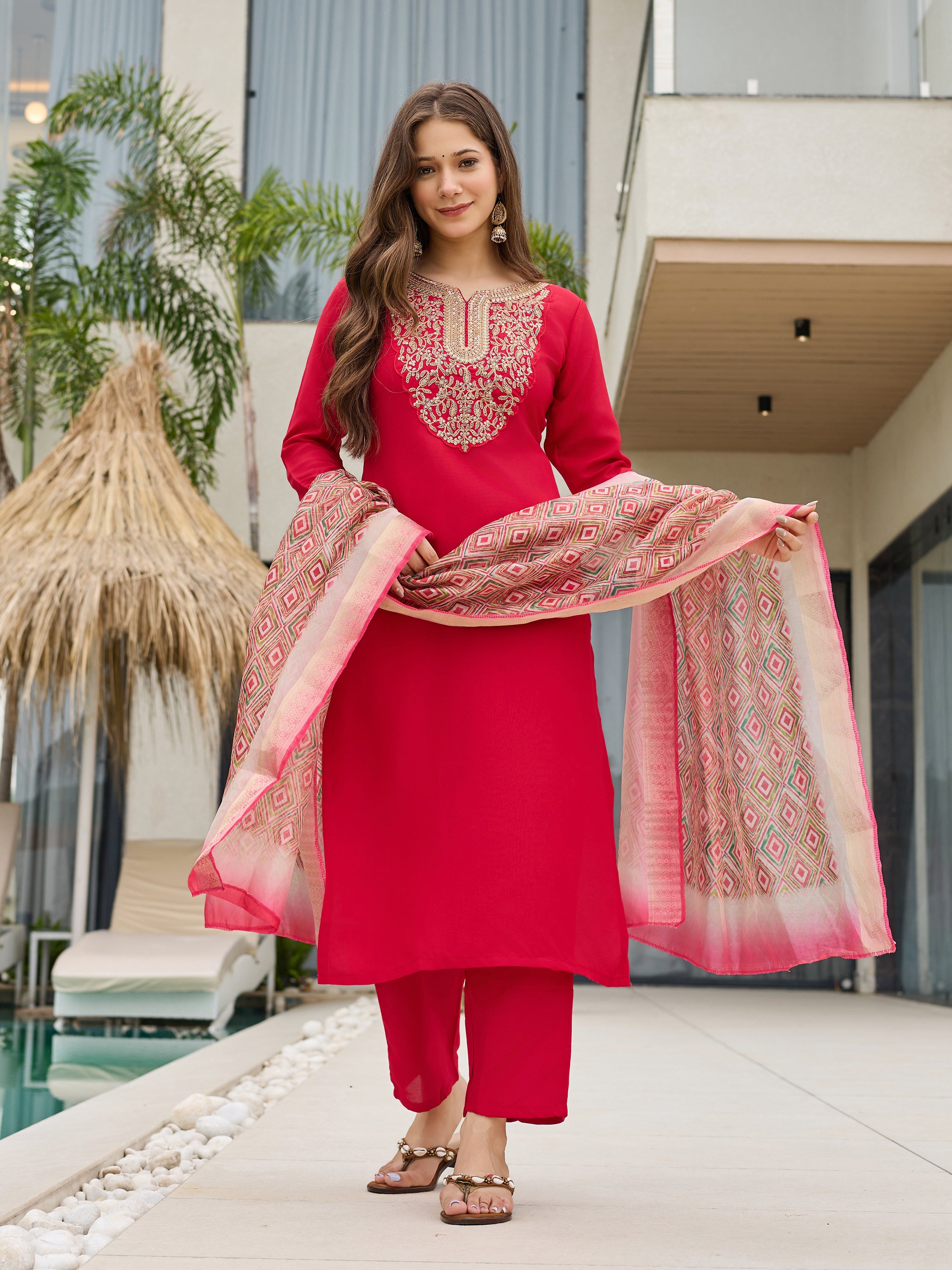 Women's Rayon Slub Embroidered Straight Kurta with Pant And Dupatta Sets