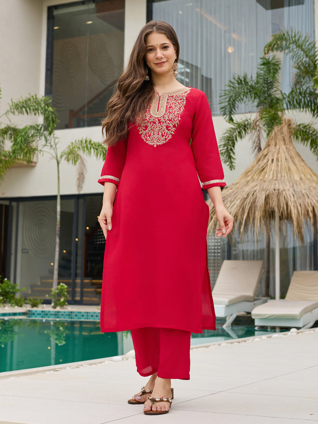 Women's Rayon Slub Embroidered Straight Kurta with Pant And Dupatta Sets