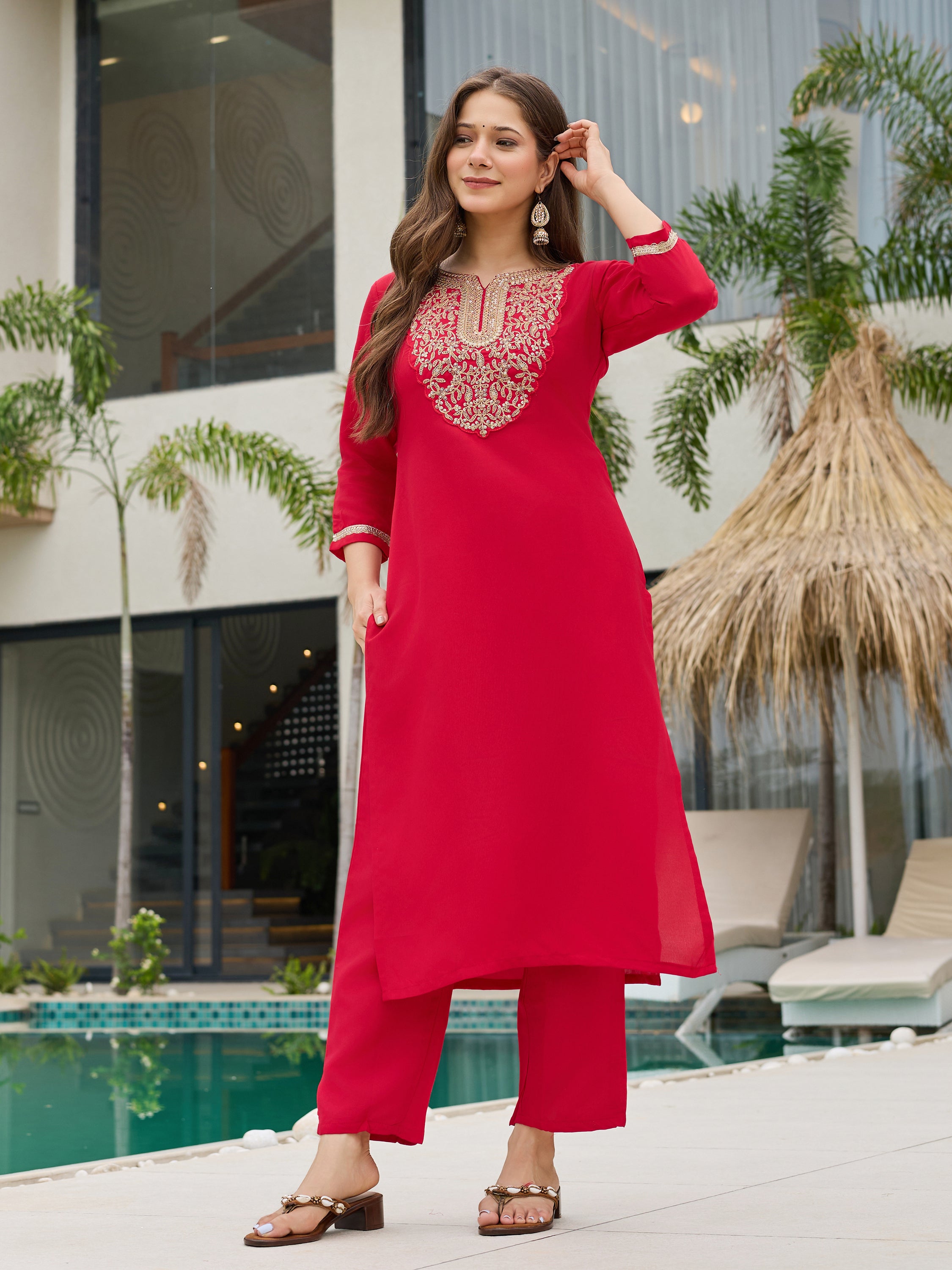 Women's Rayon Slub Embroidered Straight Kurta with Pant And Dupatta Sets