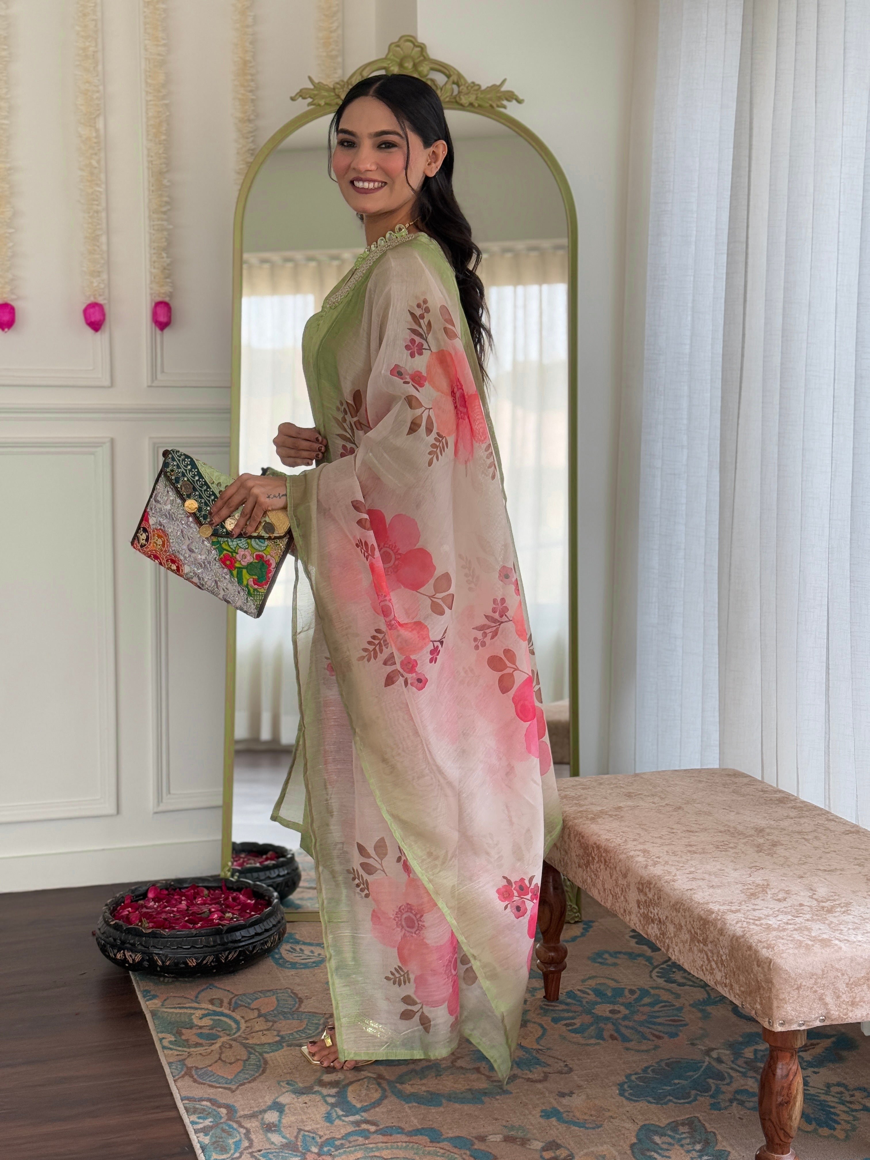 Women's Pista Rayon Embroidered Straight Kurta with Rayon Pant And Chanderi Printed Dupatta Sets