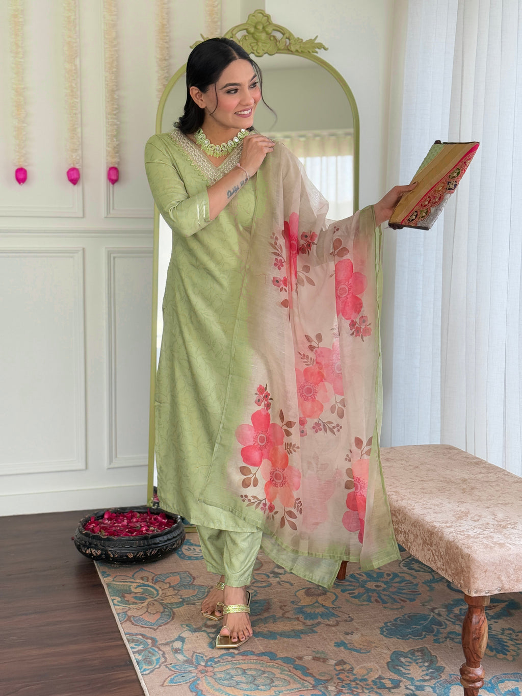 Women's Pista Rayon Embroidered Straight Kurta with Rayon Pant And Chanderi Printed Dupatta Sets