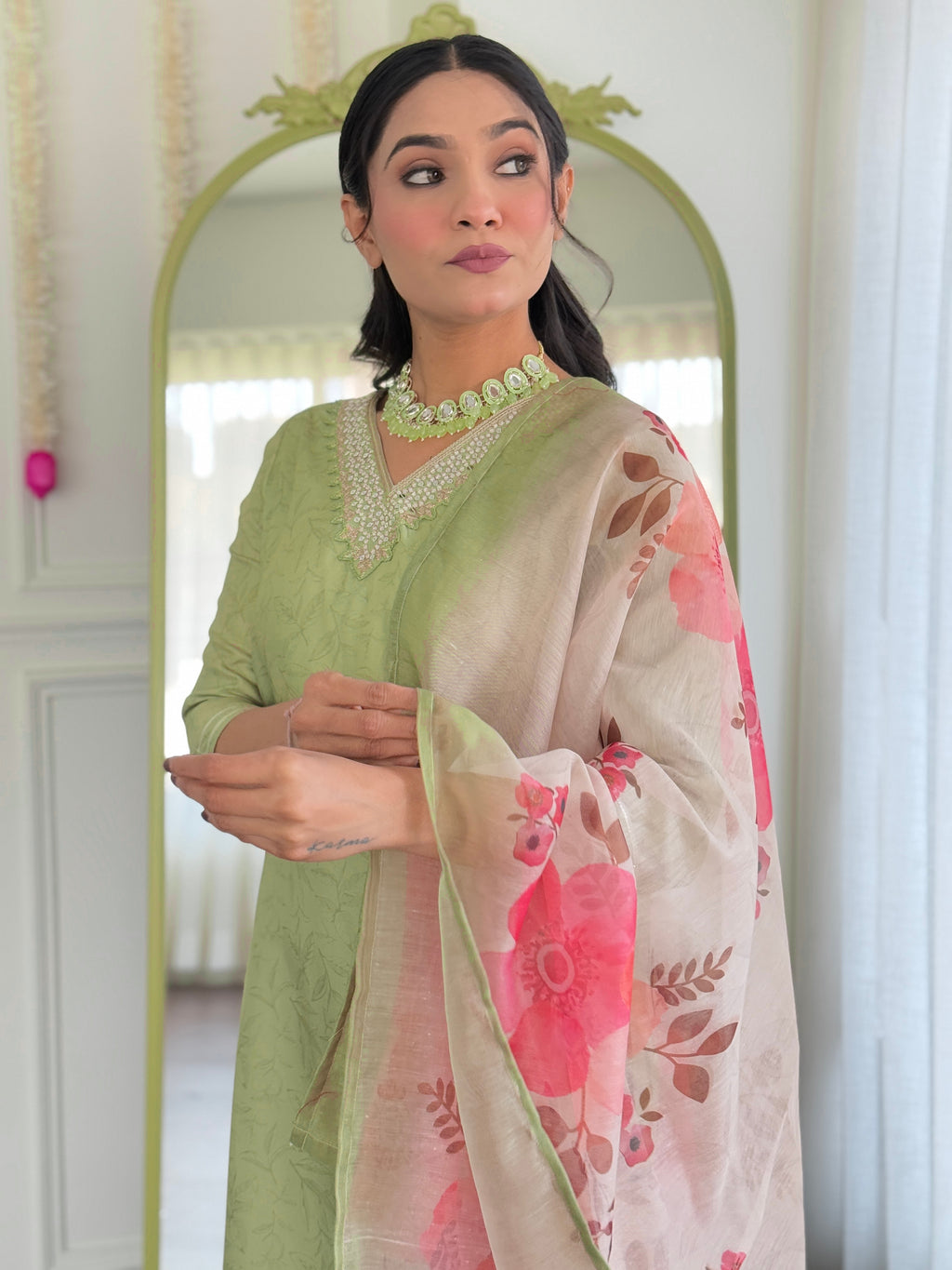 Women's Pista Rayon Embroidered Straight Kurta with Rayon Pant And Chanderi Printed Dupatta Sets