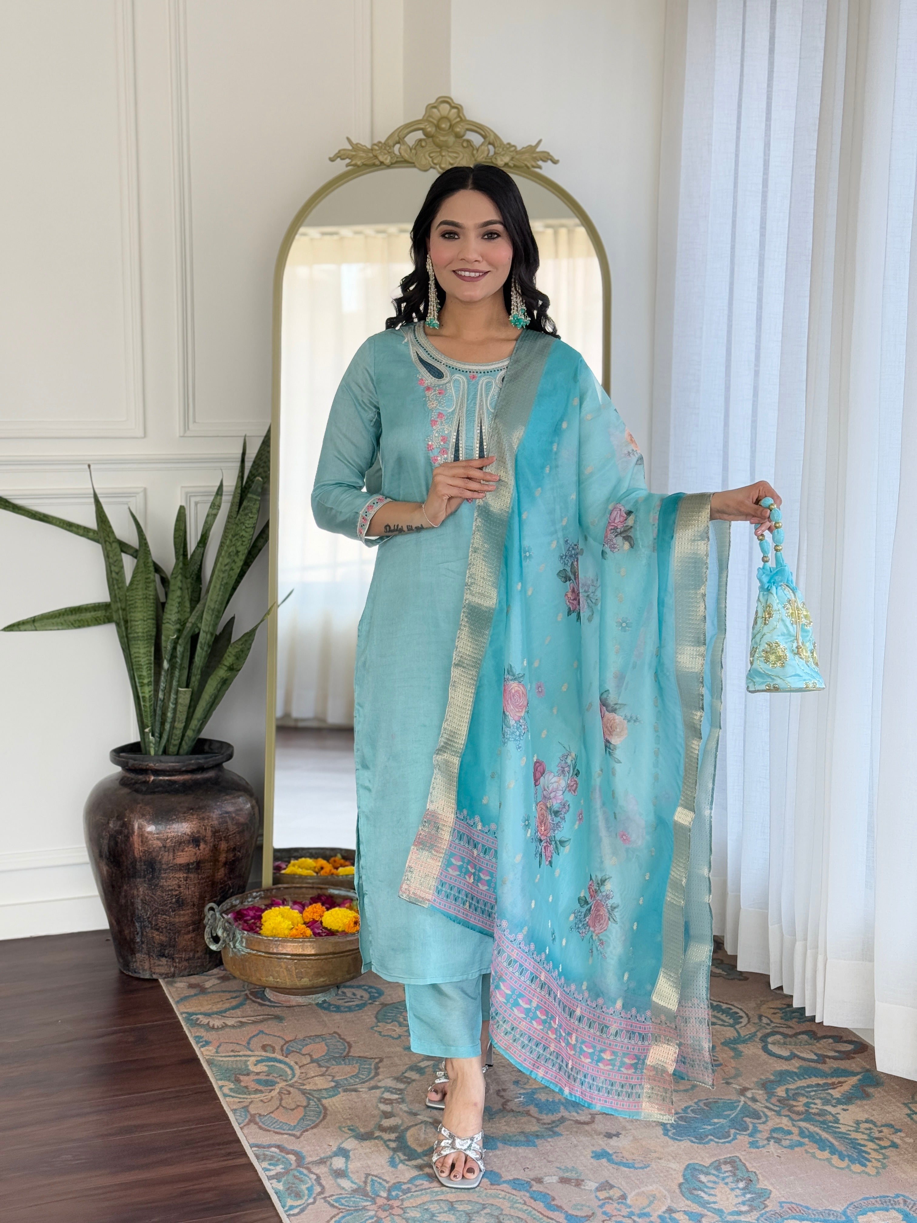 Women's Viscose Embroidered Straight Kurta with Viscose Pant And Organza Jacquard with digital Print Dupatta Sets