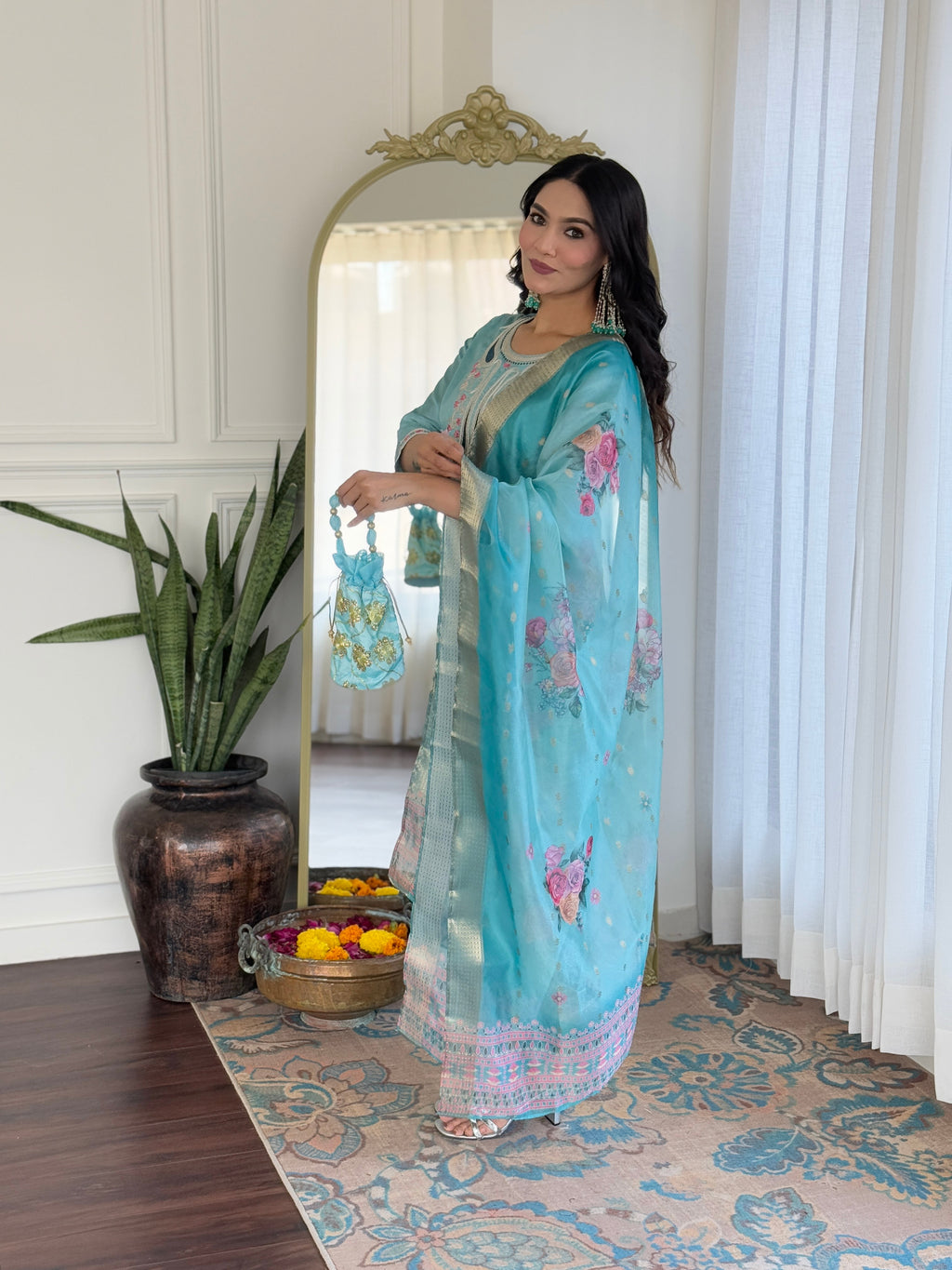 Women's Viscose Embroidered Straight Kurta with Viscose Pant And Organza Jacquard with digital Print Dupatta Sets