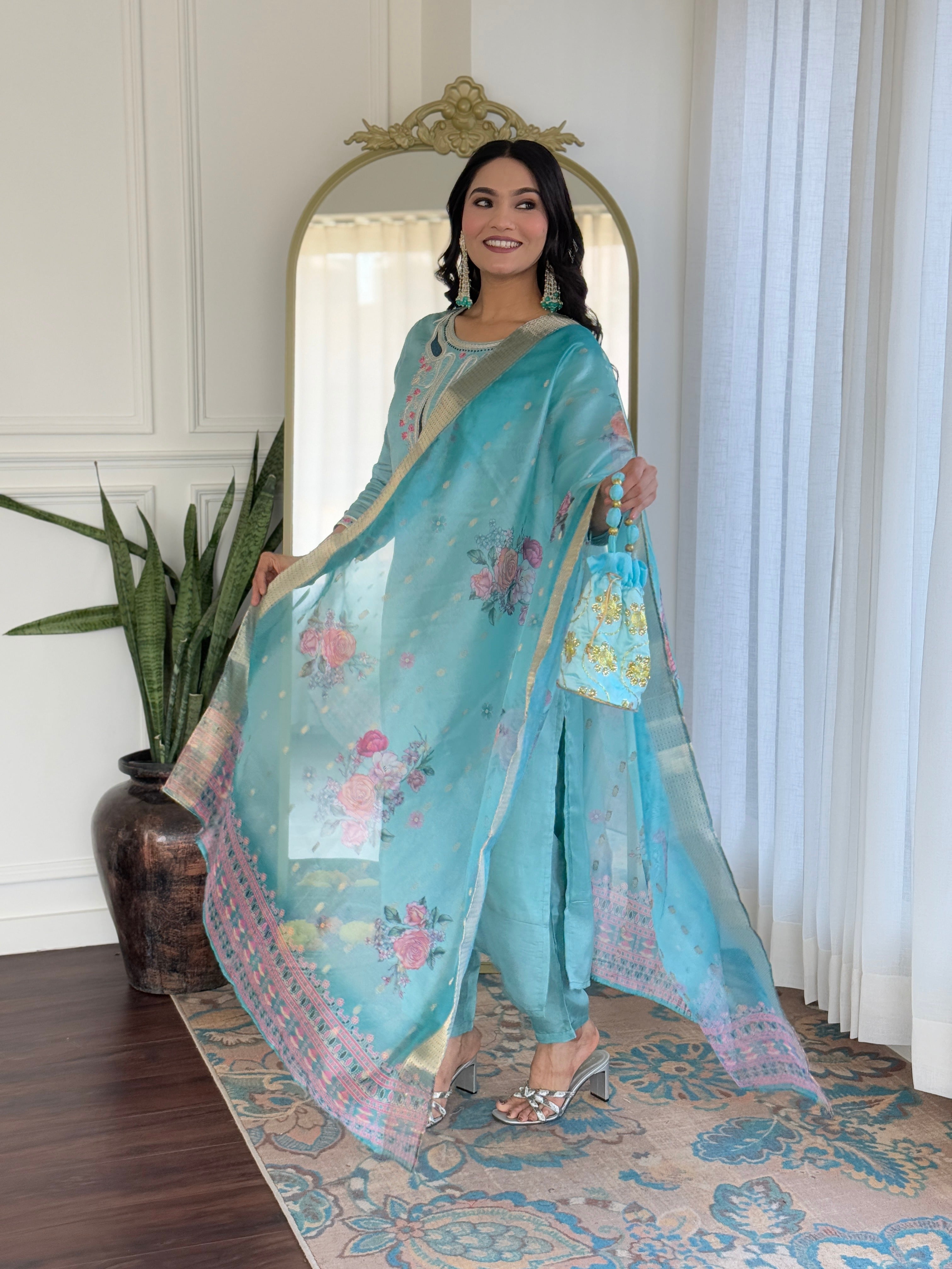 Women's Viscose Embroidered Straight Kurta with Viscose Pant And Organza Jacquard with digital Print Dupatta Sets