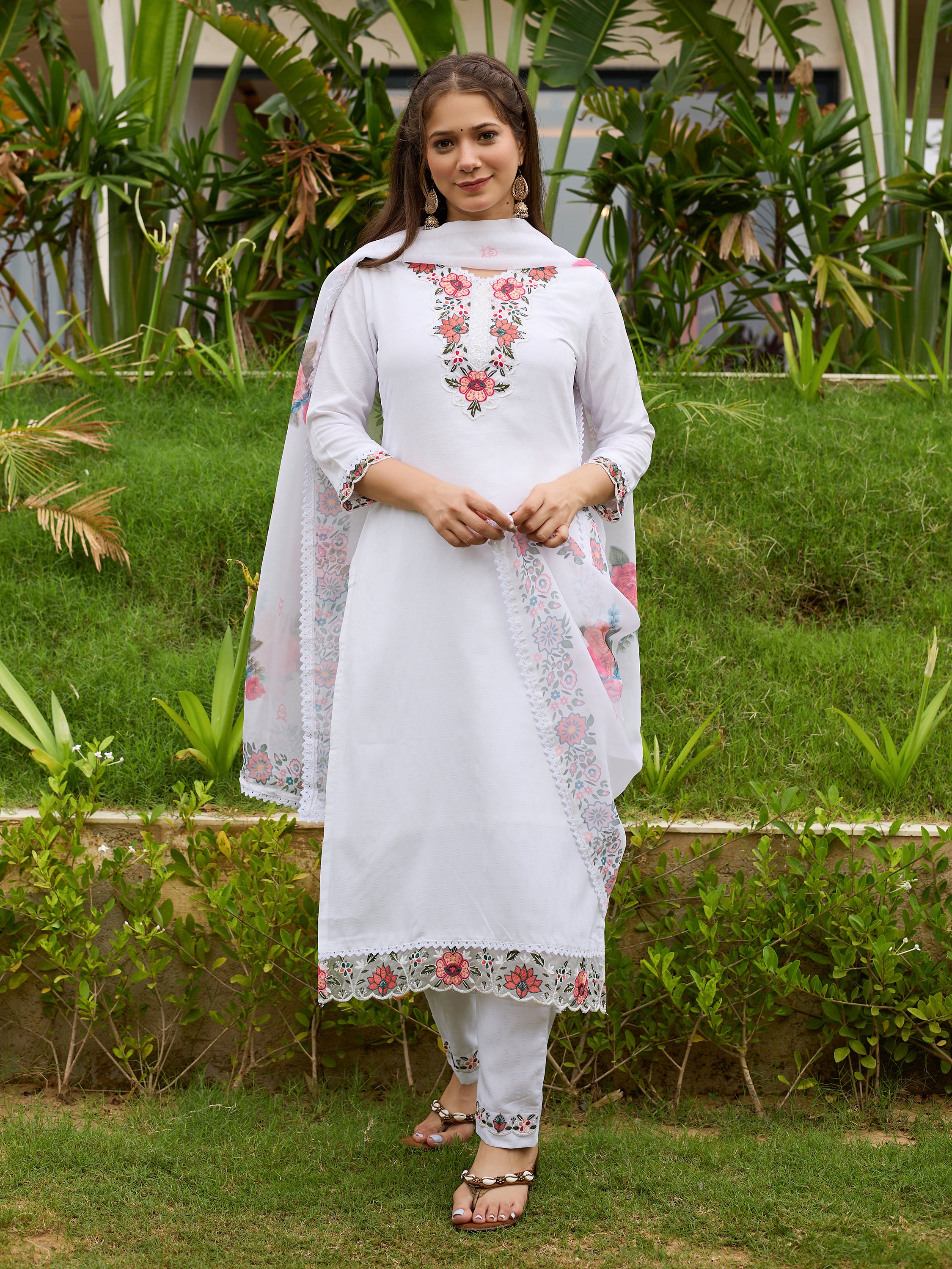 Women's Viscose with Cotton Lining Embroidered Straight Kurta with Pant And Dupatta Sets