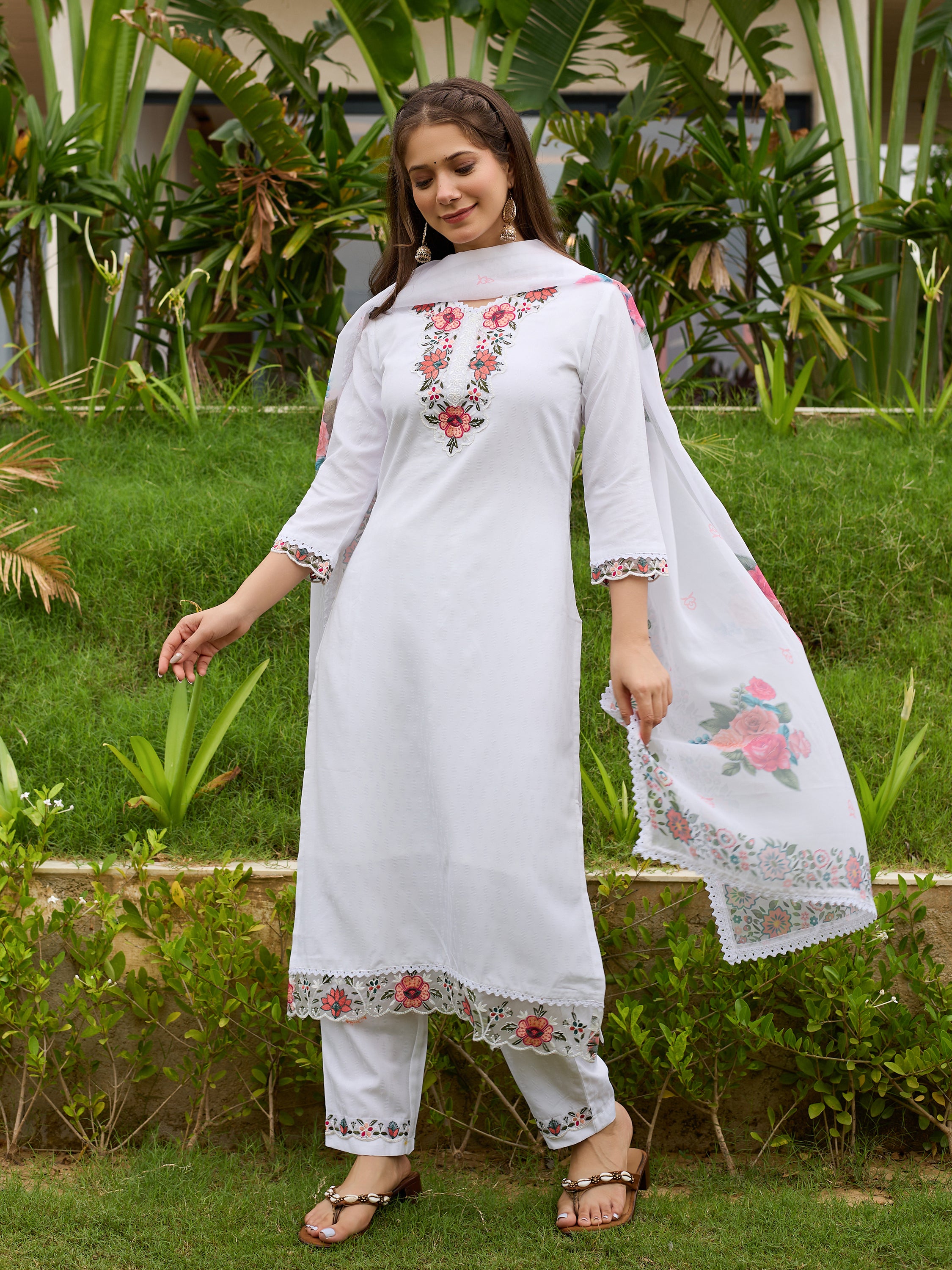Women's Viscose with Cotton Lining Embroidered Straight Kurta with Pant And Dupatta Sets