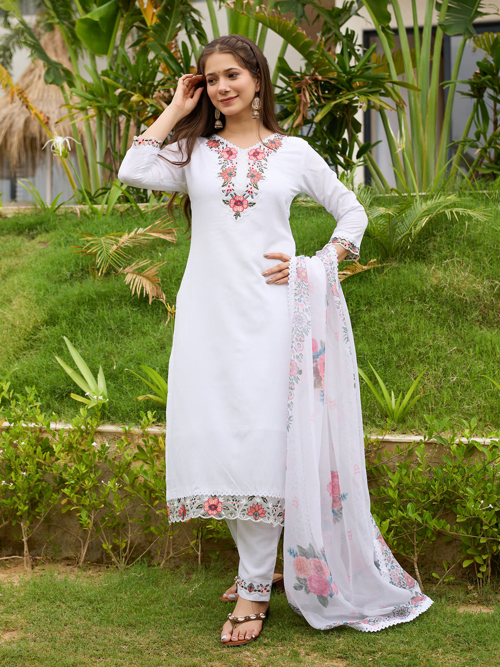 Women's Viscose with Cotton Lining Embroidered Straight Kurta with Pant And Dupatta Sets