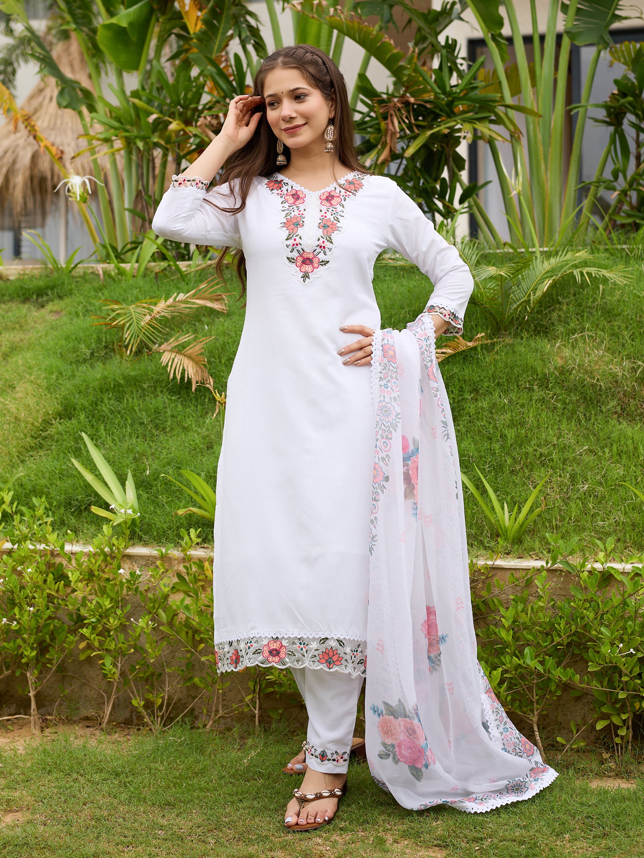 Women's Viscose with Cotton Lining Embroidered Straight Kurta with Pant And Dupatta Sets