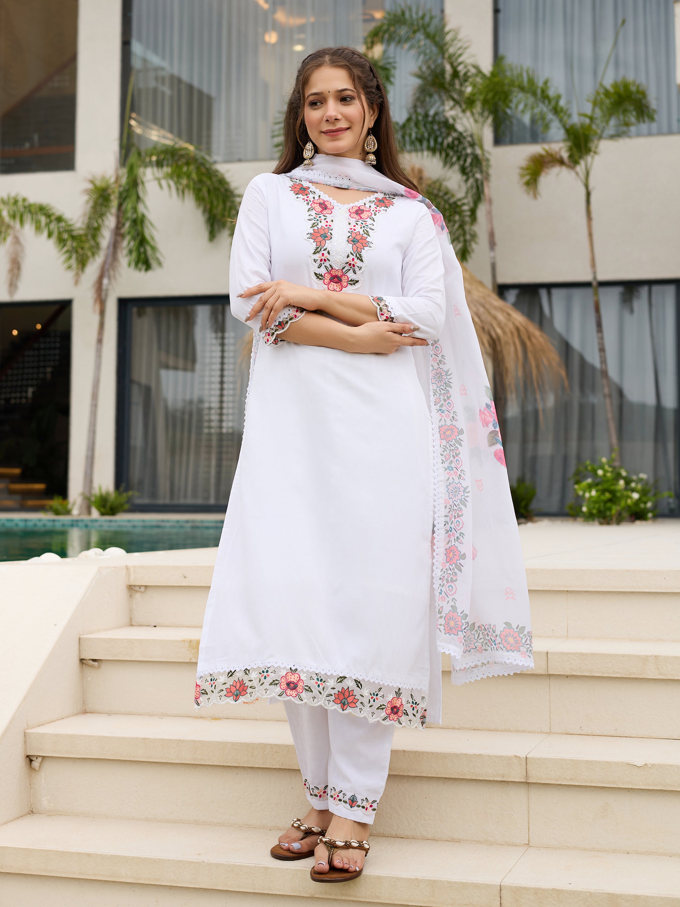 Women's Viscose with Cotton Lining Embroidered Straight Kurta with Pant And Dupatta Sets