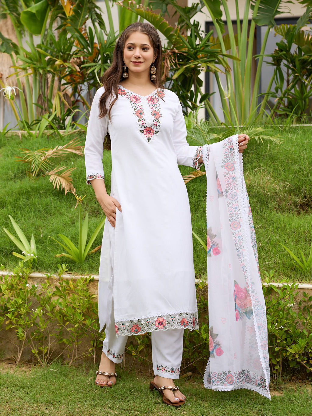 Women's Viscose with Cotton Lining Embroidered Straight Kurta with Pant And Dupatta Sets