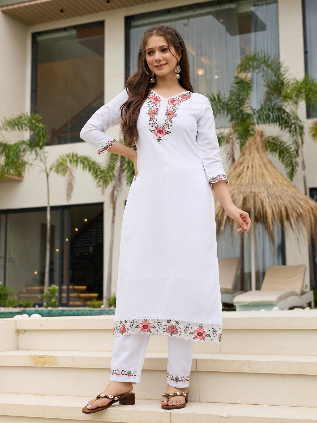 Women's Viscose with Cotton Lining Embroidered Straight Kurta with Pant And Dupatta Sets